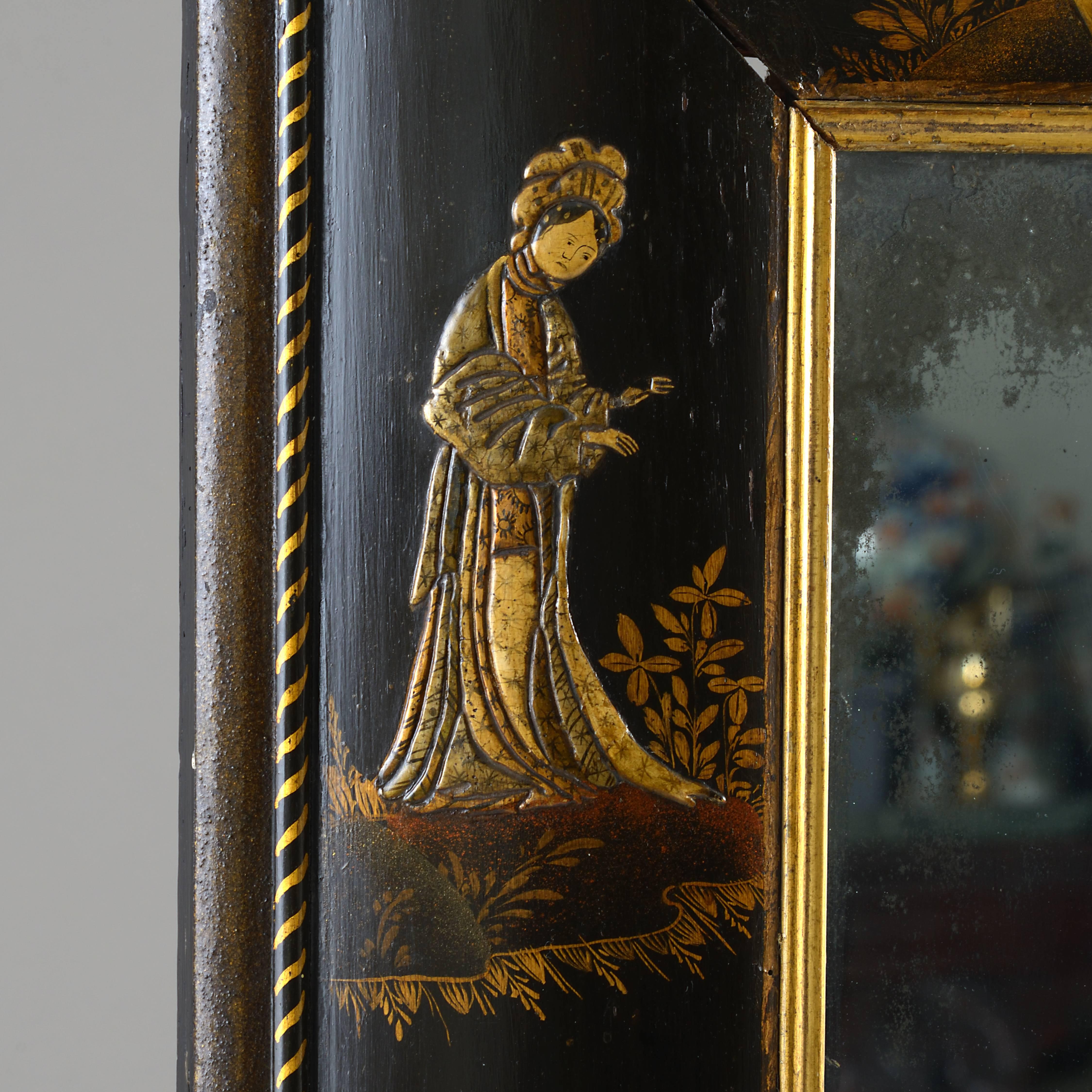 A Fine William and Mary japanned and gilt mirror, circa 1690.
The bolection frame decorated in relief with Chinese figures, flowers, buildings and a pheasant. 
Labelled BRYNKINALT.

Provenance:
By descent in the Trevor family, Brynkinalt, North
