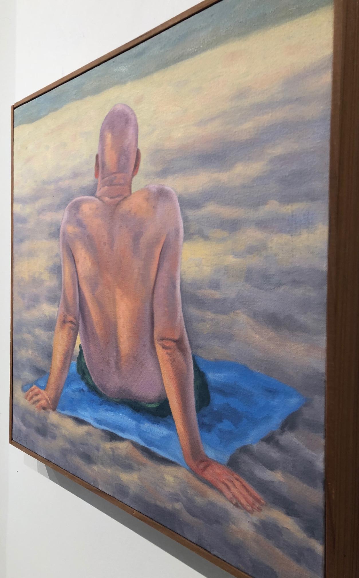 'Bald Headed Man' a figurative painting  that offers early evening drama at the beach with light falling on a lone male figure at the beach. Square canvas that is 18 x 18 inches and framed in a classic Dixon hardwood contemporary strip frame. The