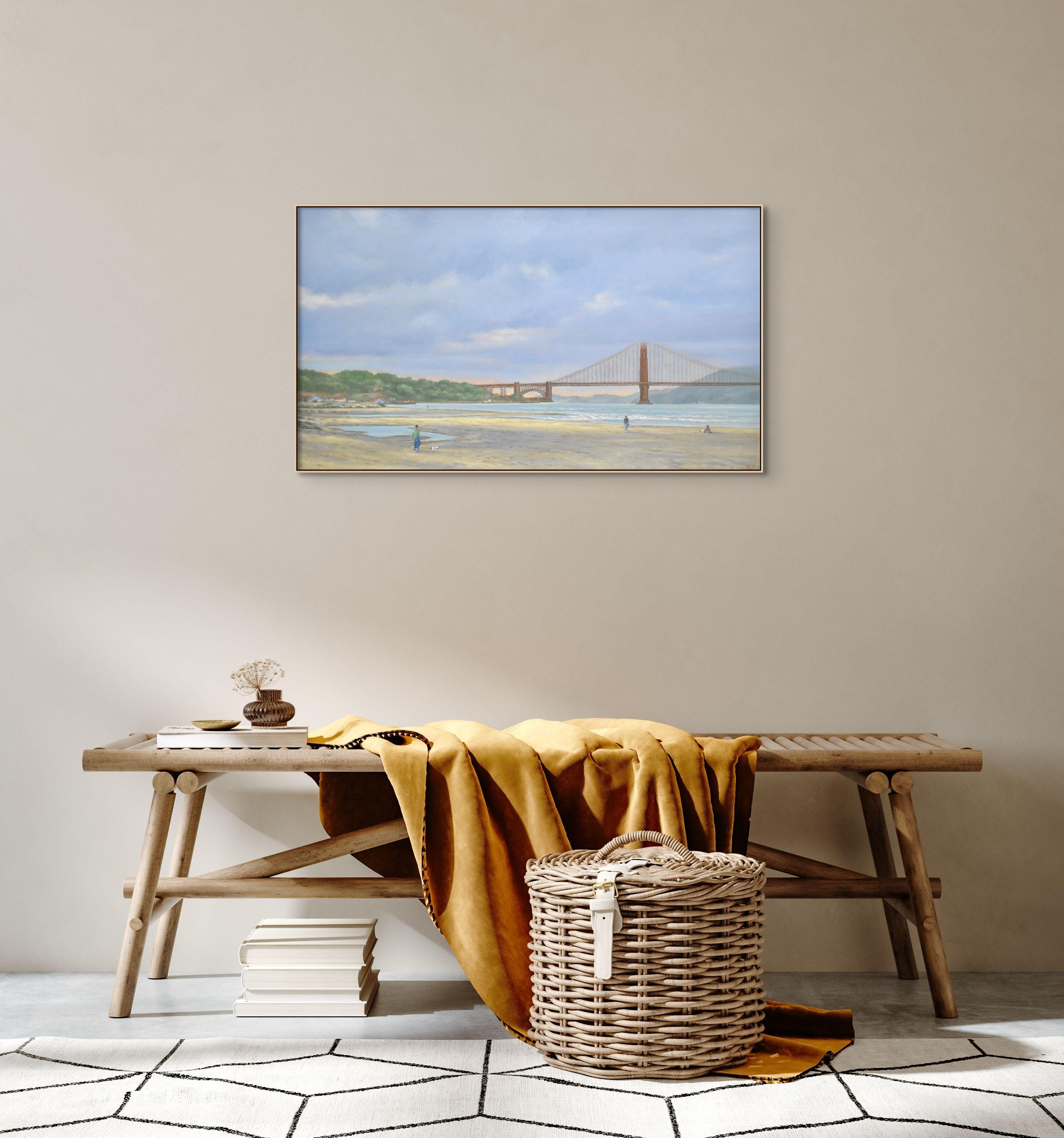 Dipinto a olio di Willard Dixon che raffigura il Golden Gate Bridge da Crissy Field a San Francisco. Willard Dixon, uno dei migliori pittori realisti americani contemporanei, dipinge paesaggi costieri da 35 anni, catturando l'innegabile bellezza