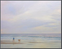 Beach Walk / American Realism figure with dog on beach at sunset 