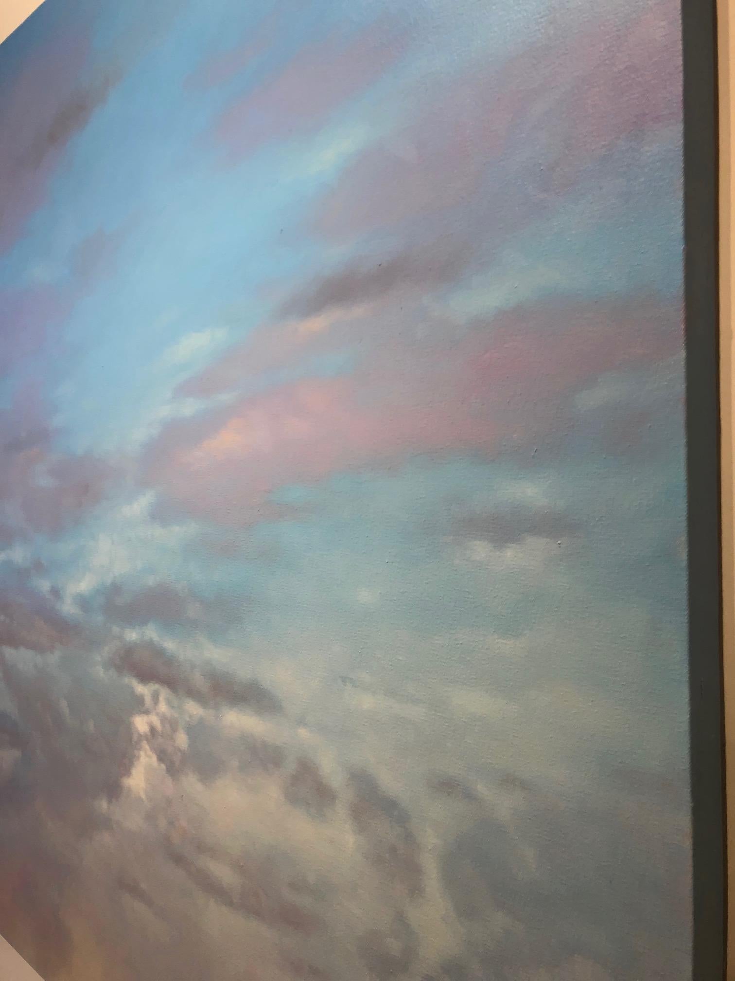 Stunning open sky painting, contemporary sky scape  — in blue. Like a window to a wide open brilliant and cool sky. 48 x 48 inches. 

One of our finest American contemporary realist painters, Willard Dixon has painted Northern California and western