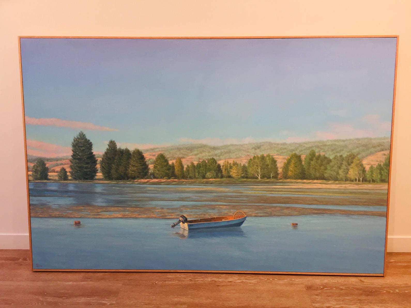 Bolinas Lagoon - serene blue sky and water painting - Blue Still-Life Painting by Willard Dixon