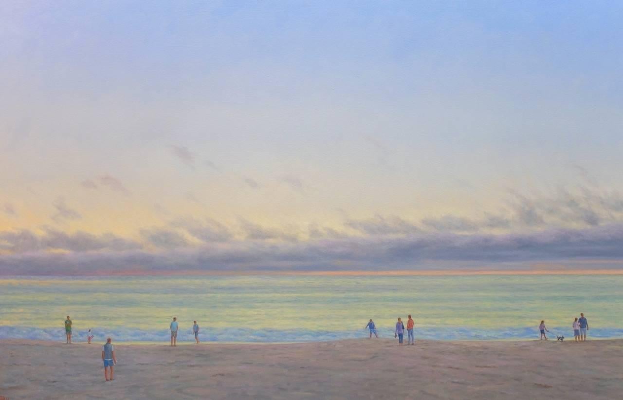 Landscape Painting Willard Dixon - Evening Beach III / huile sur toile - réalisme figuratif familial de la plage et de l'océan