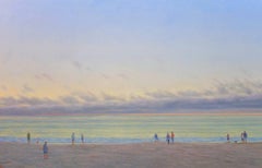 Evening Beach III / huile sur toile - réalisme figuratif familial de la plage et de l'océan