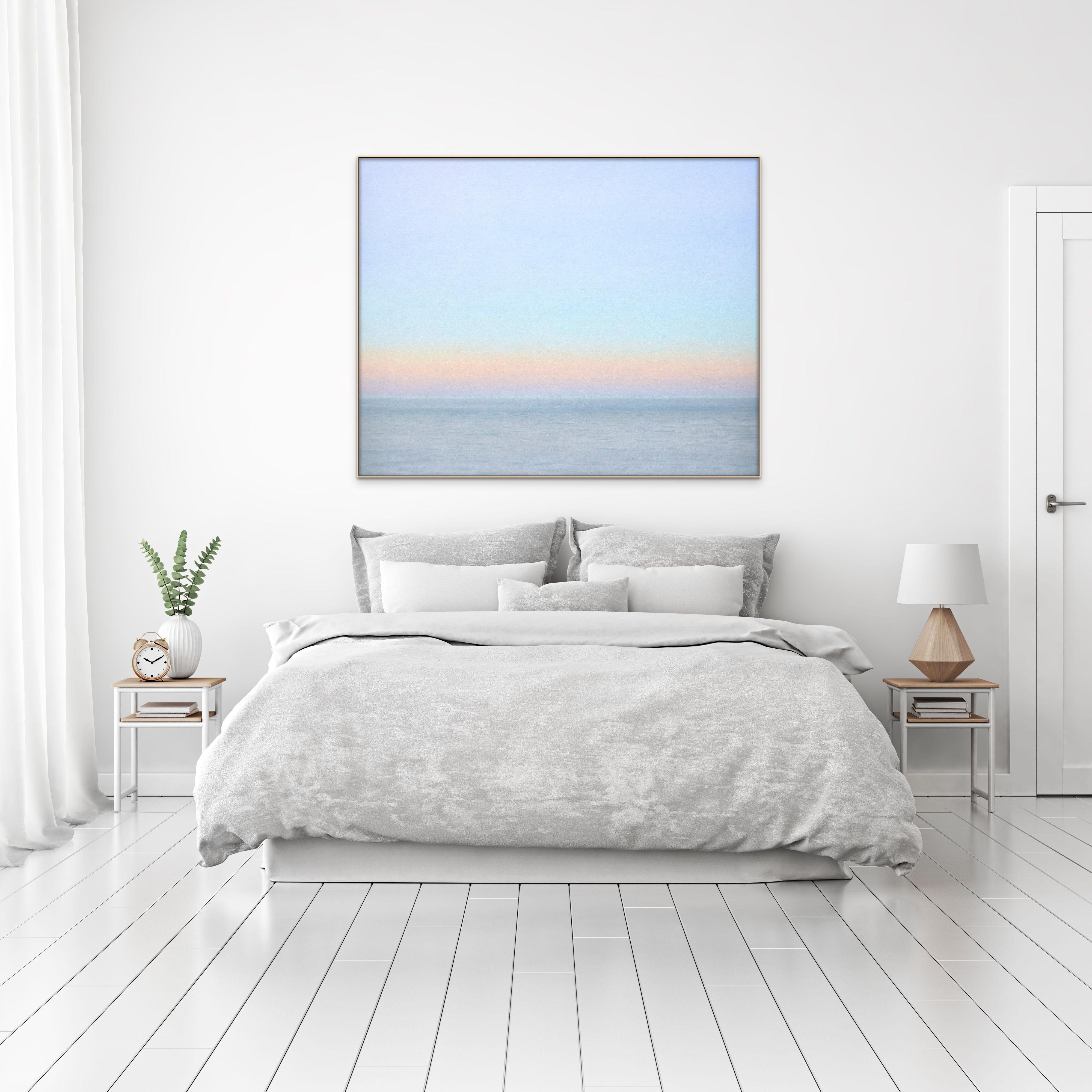 Serene and calm sky, ocean, horizon, sunrise or sunset, oil painting from American Realist Willard Dixon, who bridges realism with natural abstraction in his series of breathtaking and etherial sky paintings.  A contemporary sky scape with soft