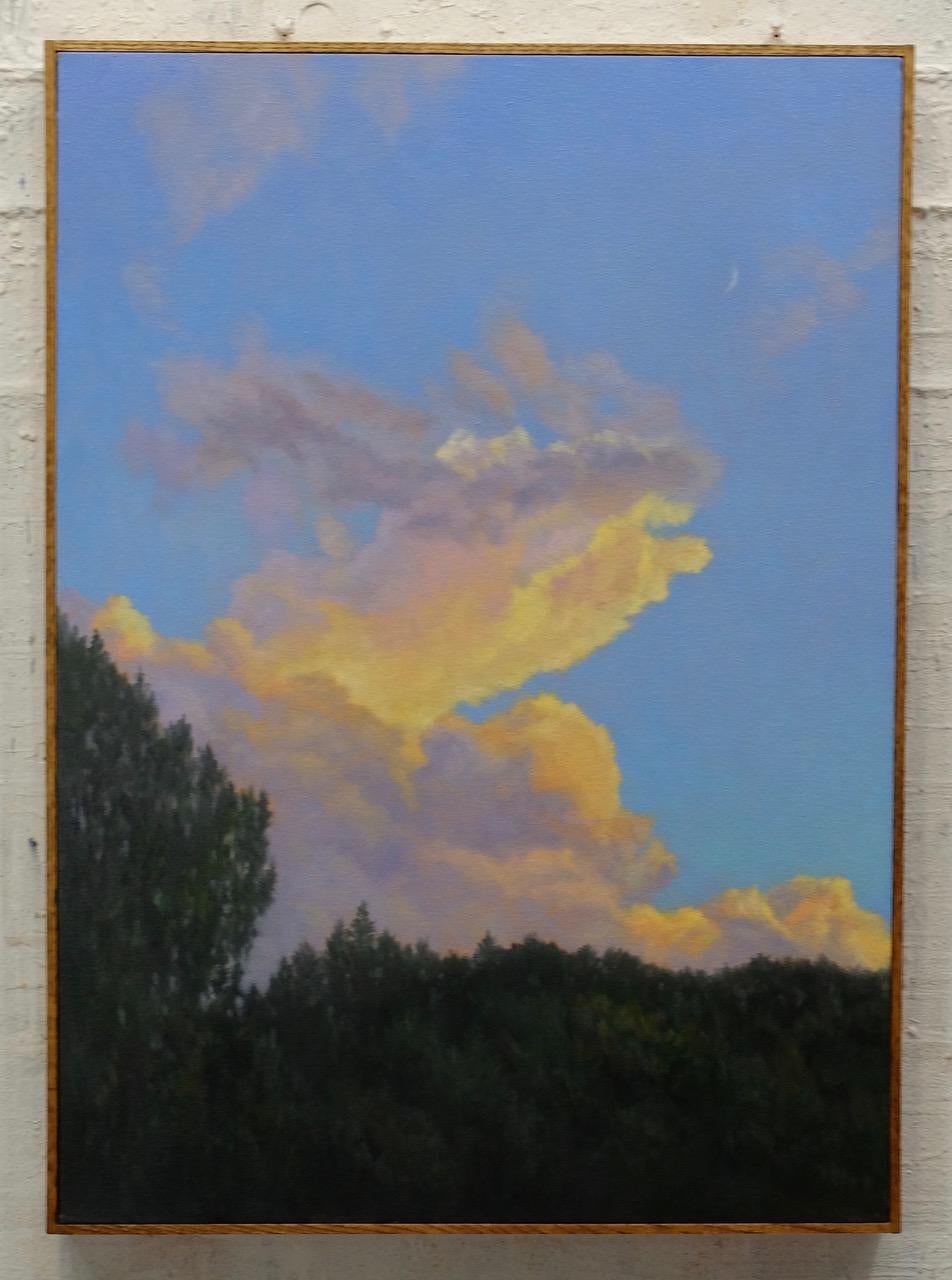 Evening Sky with Crescent Moon / vertical trees and clouds early evening - Painting by Willard Dixon