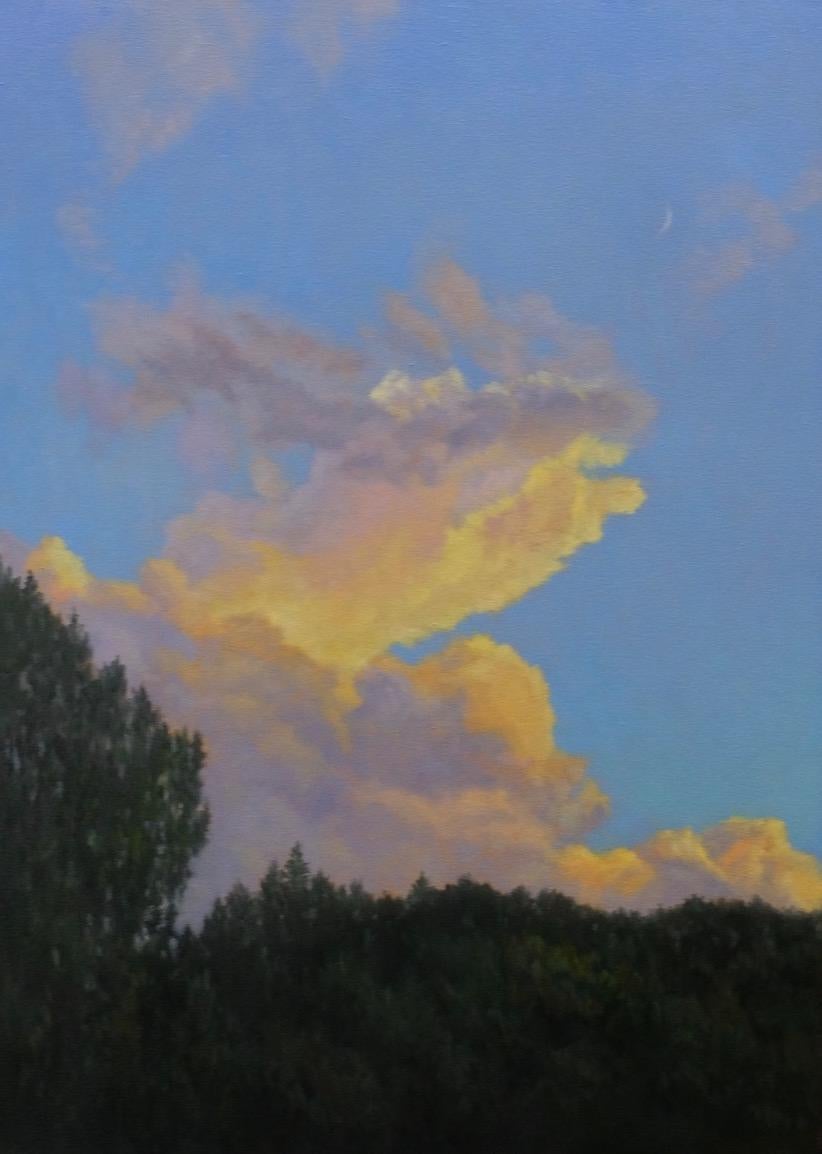 Willard Dixon Landscape Painting - Evening Sky with Crescent Moon / vertical trees and clouds early evening