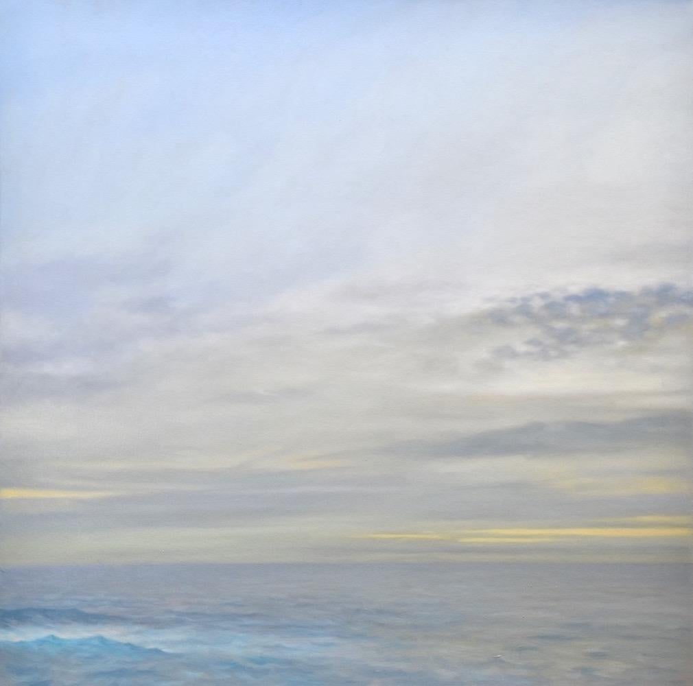 Unique contemporary 'Grey Ocean' depicts a provocative grey sky with a blue, yellow and white sea. Choppy waters beneath a sky alive with filtered early evening light and unknown impending weather from American Realist Willard Dixon.  The unique