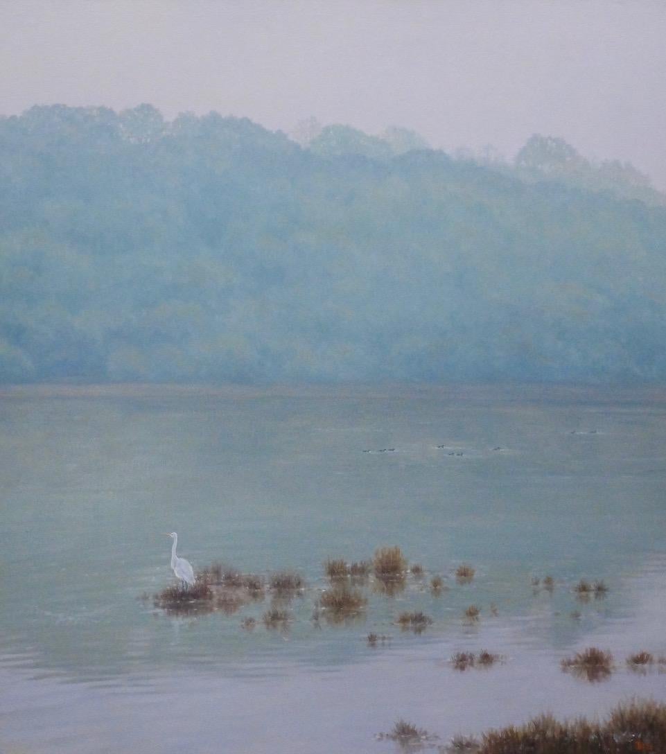 Willard Dixon Landscape Painting - Landscape with Egret - realism oil on canvas paitning - bird nature