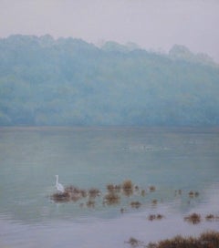 Landscape with Egret - realism oil on canvas paitning - bird nature