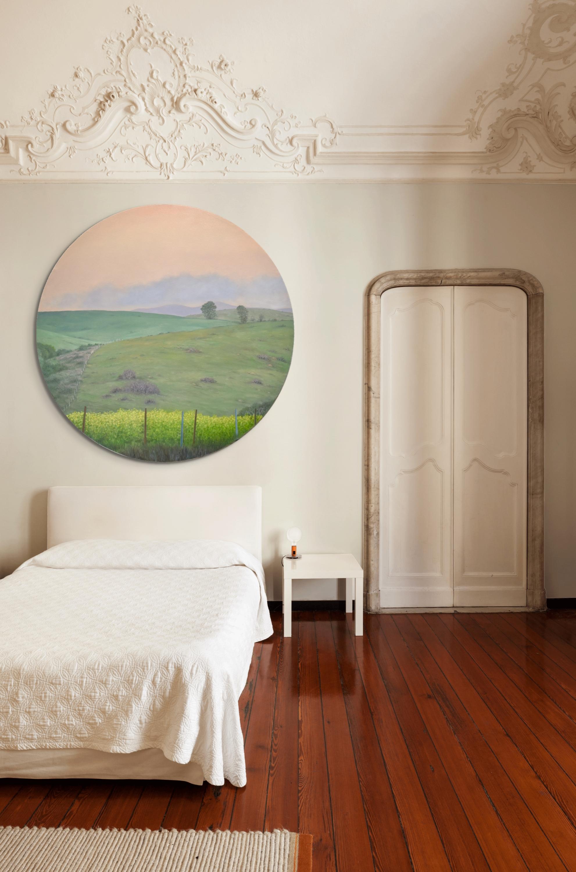 Landscape with Mustard Flowers - 48 inch circular canvas - Painting by Willard Dixon