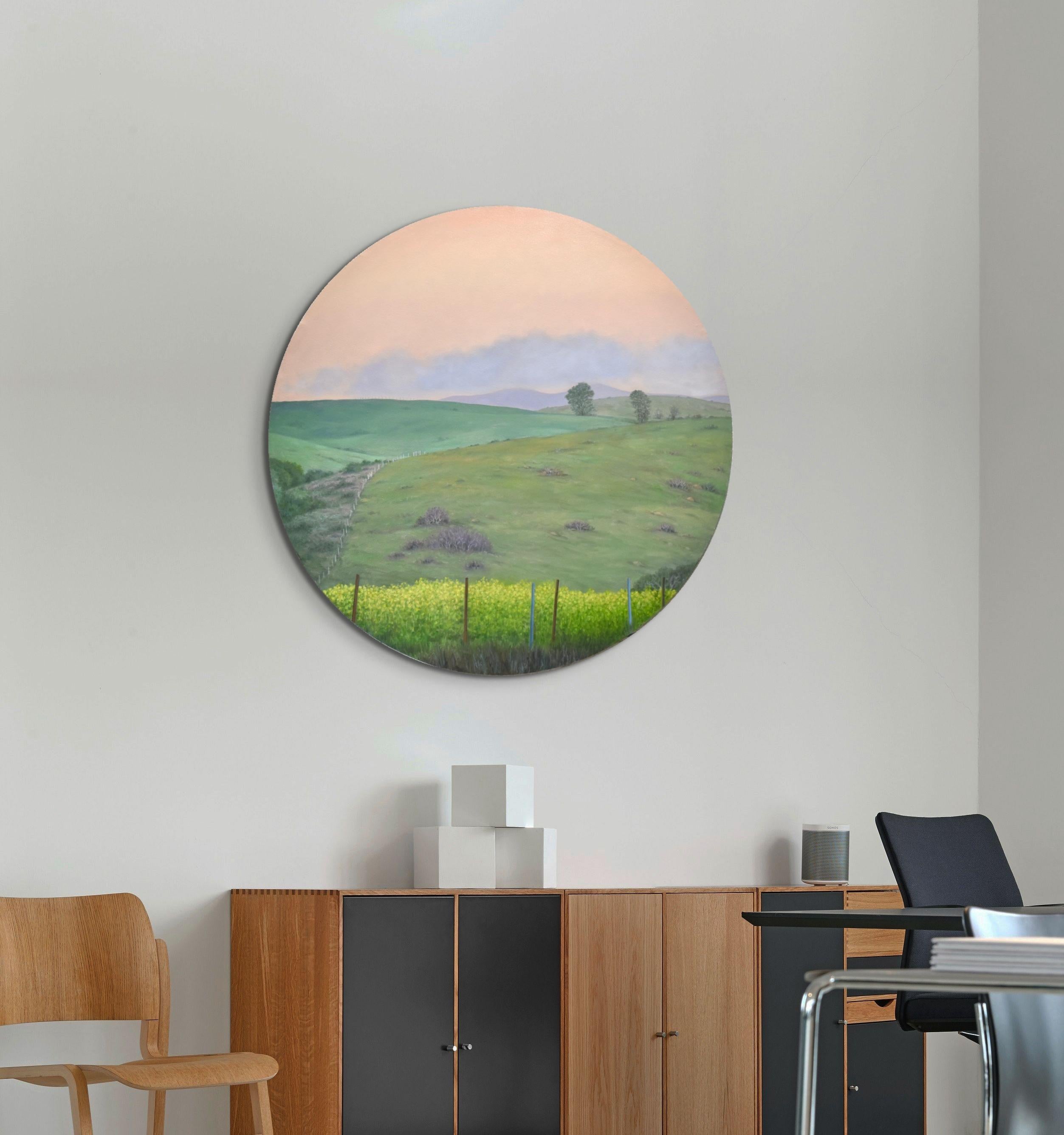 Paesaggio con fiori di senape - Tela circolare da 48 pollici - Painting Realismo americano di Willard Dixon