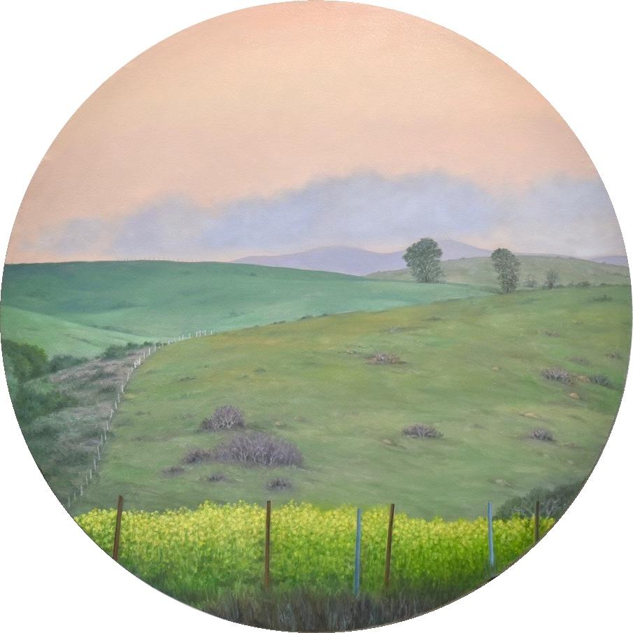 Willard Dixon Landscape Painting - Landscape with Mustard Flowers - 48 inch circular canvas