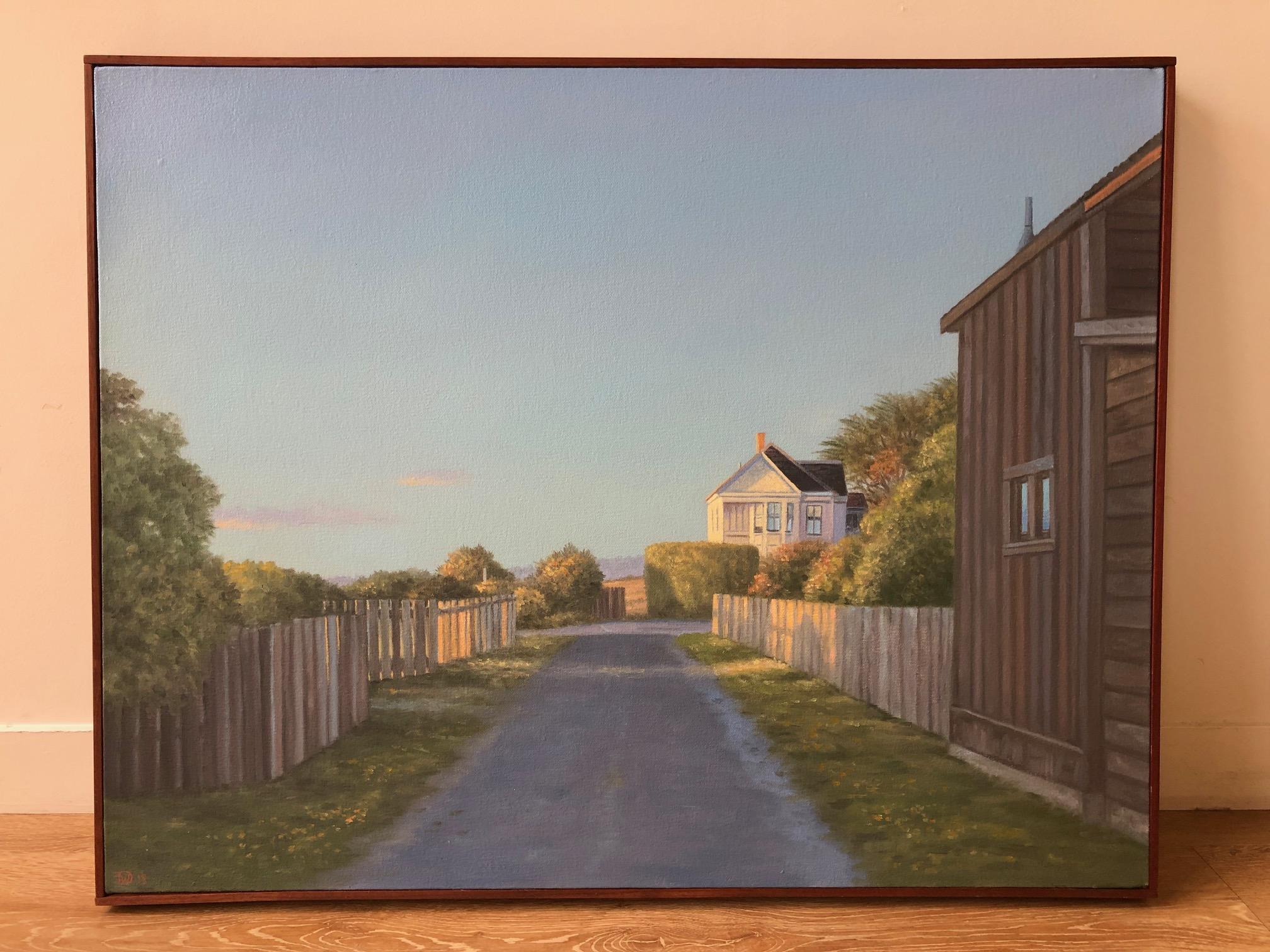 Iconic Willard Dixon scene showcasing a white Mendocino house and the fence lined path leading to it in this calm and serene still life landscape featuring the quaint Northern California town.  Mendocino is north of San Francisco on, where the