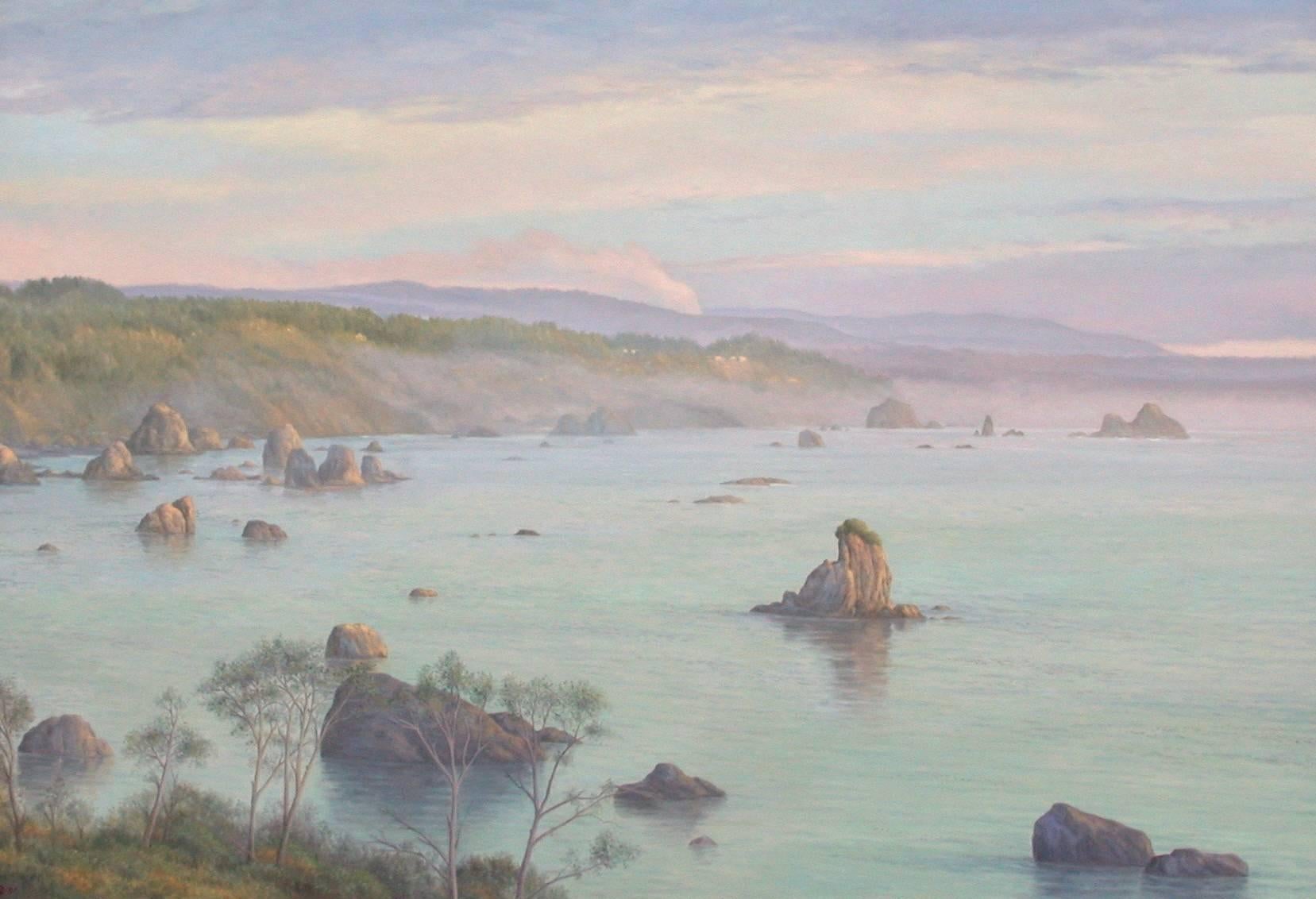 'North Coast Stacks', by one of the finest American contemporary realist painters, Willard Dixon, who has painted western landscapes and nature-scenes for 35 years, capturing the undeniable beauty of the West with its grand and humble spirit. This