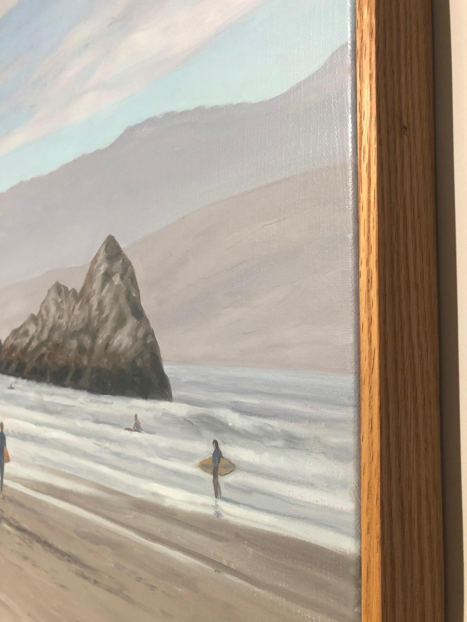 Beautiful beach scene featuring surfers on California's Ocean Beach, includes its familiar Seal Rocks, a man and his dog and other surfers wading out to sea. The scene celebrates the atmospheric light that Dixon is known for, as well as white clouds