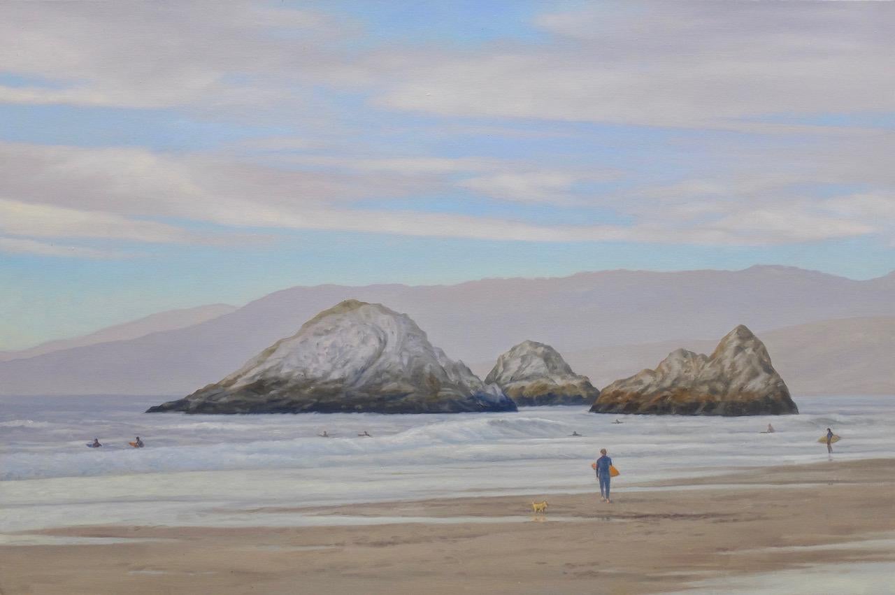 Willard Dixon Figurative Painting – Surfer am Ozean Strand