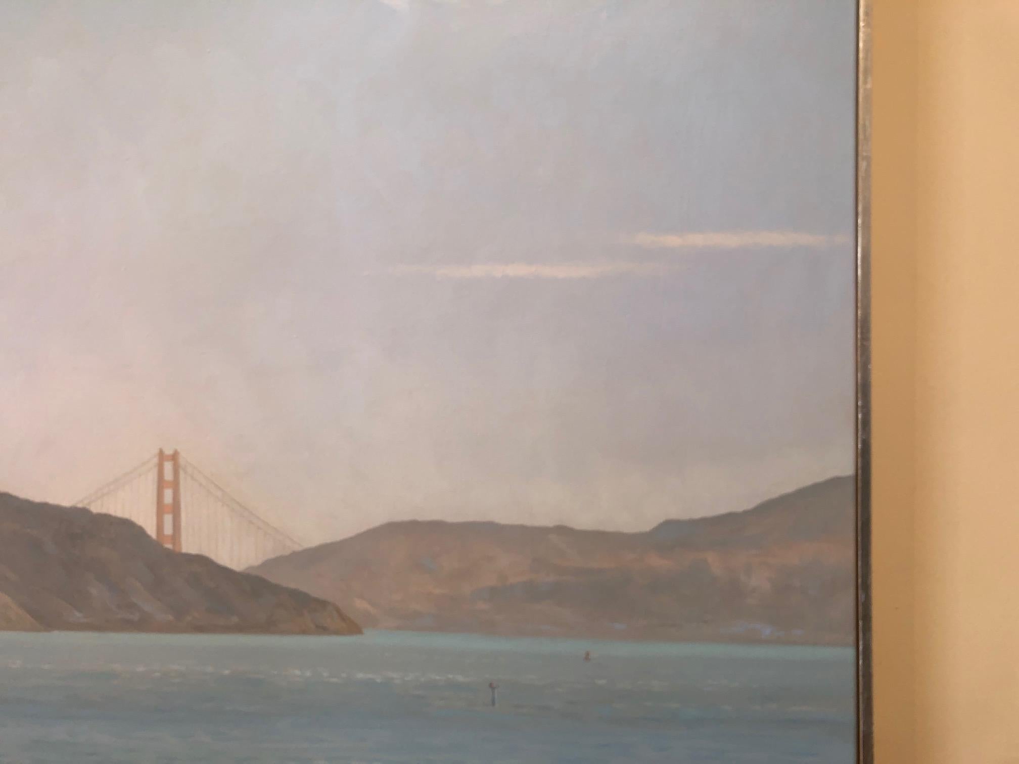 Racoon Strait / Golden Gate Bridge with sailing ship, CA landscape Realism  - Contemporary Painting by Willard Dixon