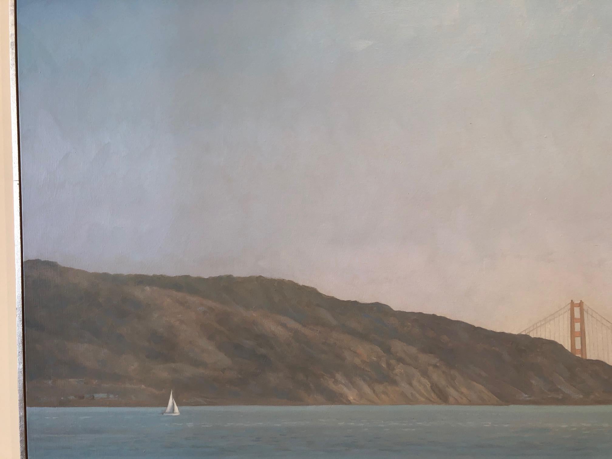 Racoon Strait / Golden Gate Bridge with sailing ship, CA landscape Realism  - Purple Still-Life Painting by Willard Dixon