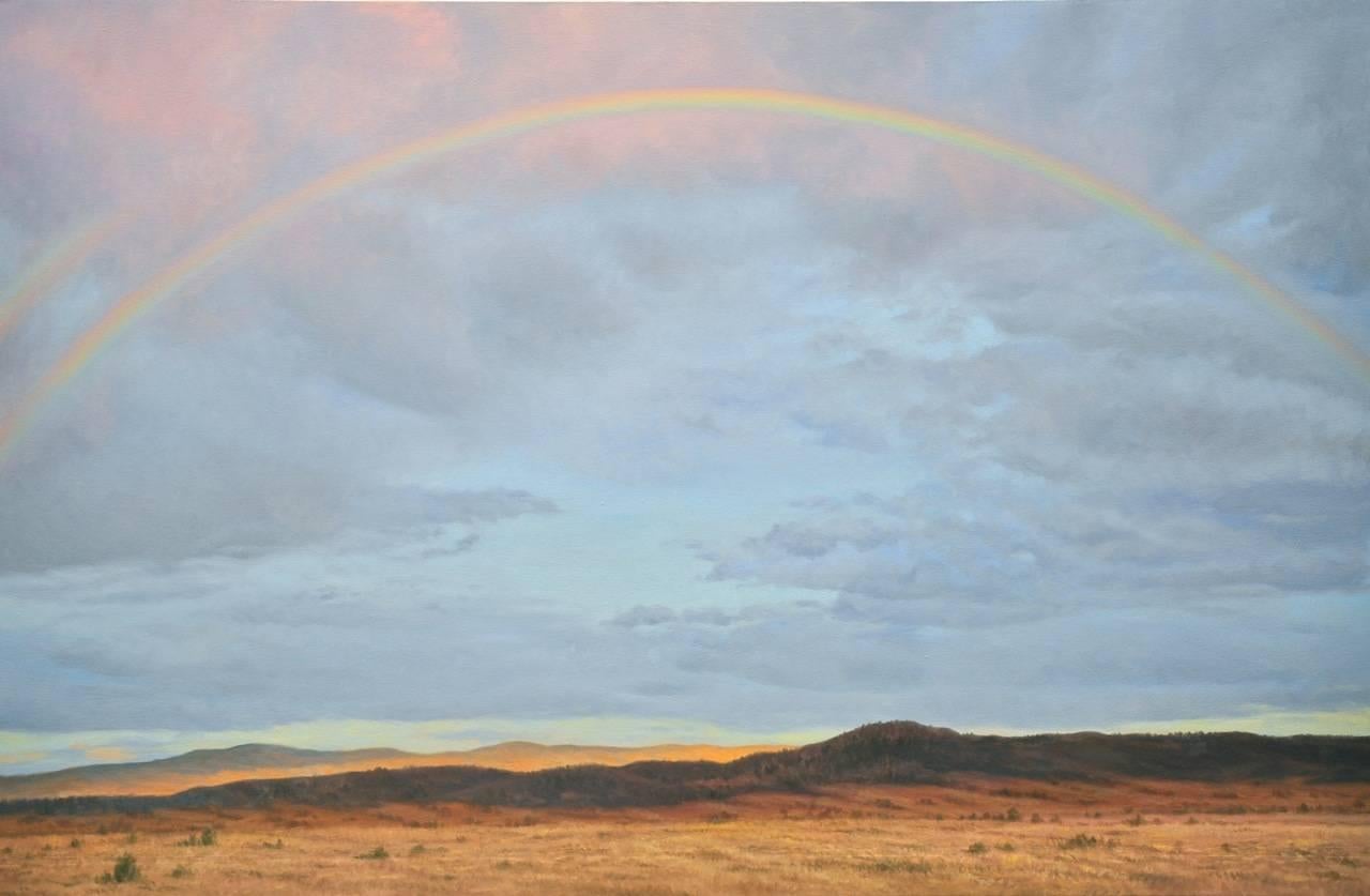 Willard Dixon Landscape Painting - Santa Fe Arch — Rainbow over dessert / oil on canvas