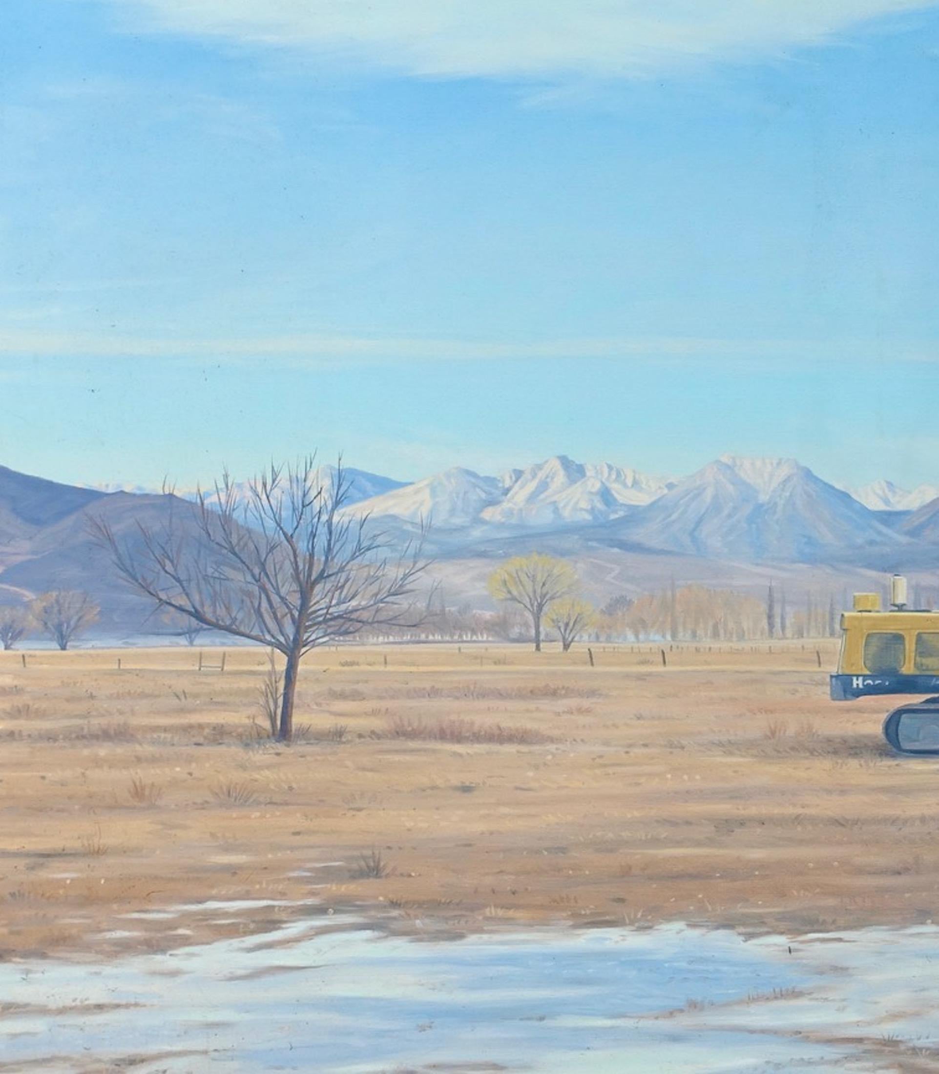 SIERRA SHOVEL- oil on canvas, tractor on horizon. Construction - Contemporary Painting by Willard Dixon