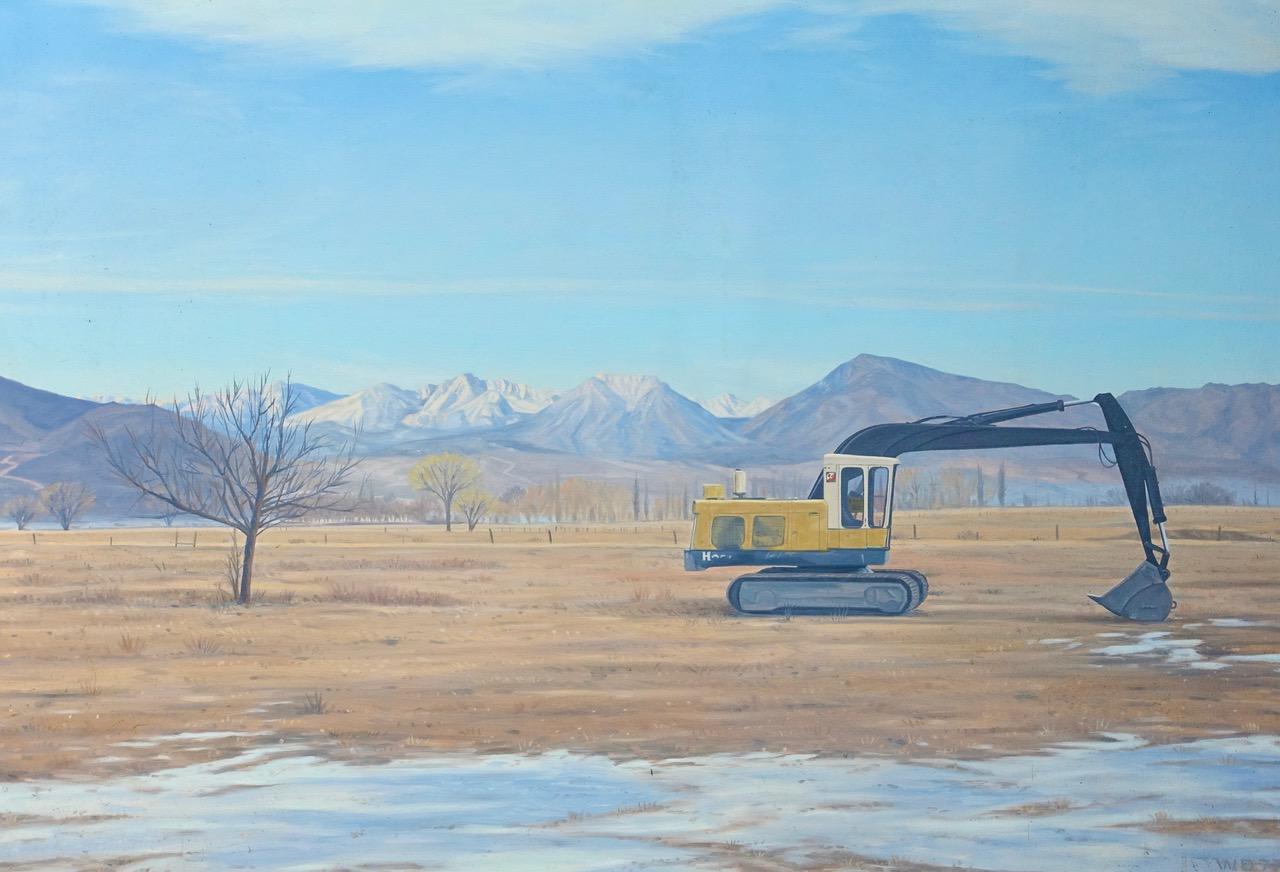 Still-Life Painting Willard Dixon - SIERRA SHOVEL- huile sur toile, tractor à l'horizon. La construction