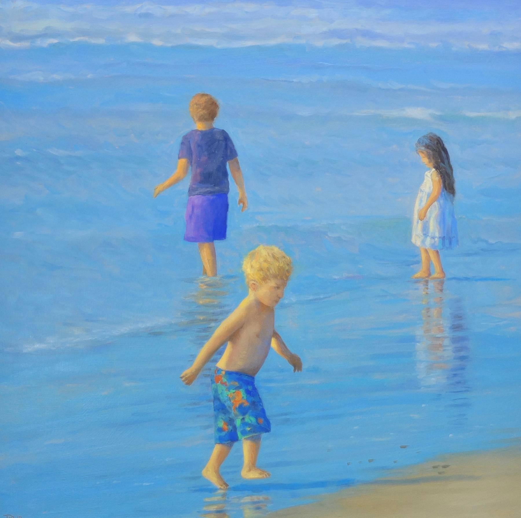 Willard Dixon Landscape Painting - TEAM No. 1 / 30 x 30 inch children beach play in sunlight