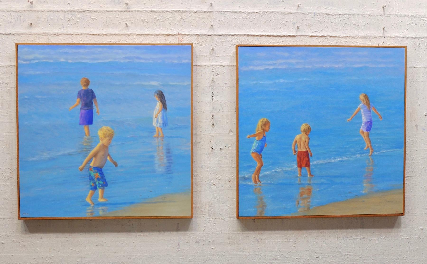 Willard Dixon Figurative Painting - TEAM No. 1 & II / two 30 x 30 inch paintings - children beach play (diptych)