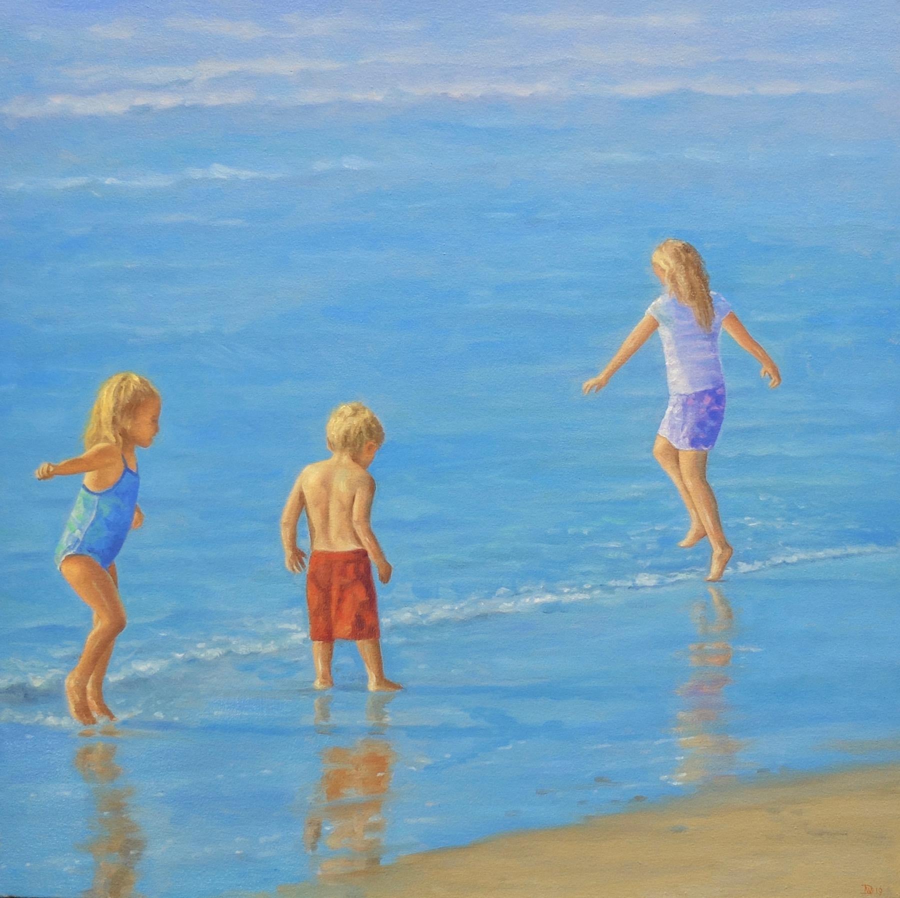 Willard Dixon Figurative Painting - TEAM No. 2 / 30 x 30 inch children beach play in sunlight