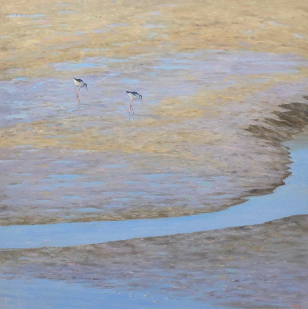 Still-Life Painting Willard Dixon - Huile sur toile Two Shore Birds - réalisme - nature des oiseaux