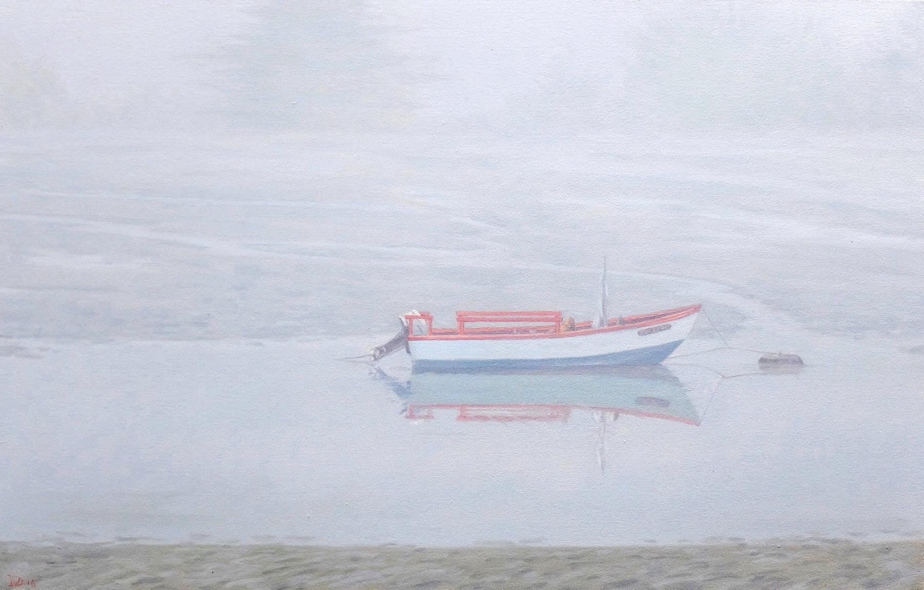 Willard Dixon Still-Life Painting - Waiting for Sophia / gentle soft cool blue grey scene with boat in fog 