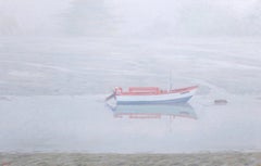 Waiting for Sophia / gentle soft cool blue grey scene with boat in fog