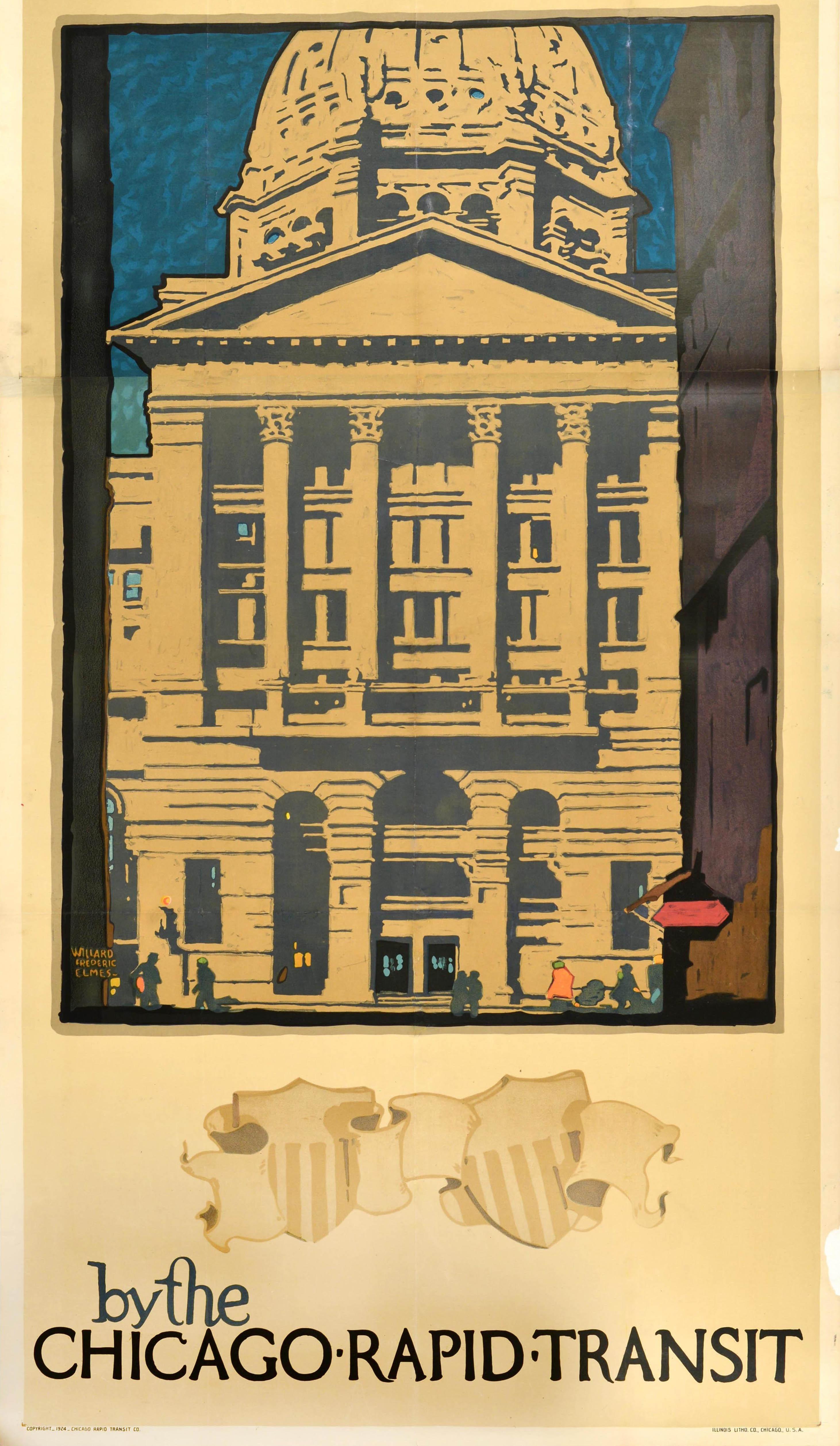 Original Vintage Travel Poster Federal Building Chicago Rapid Transit Illinois - Orange Print by Willard Frederick Elmes