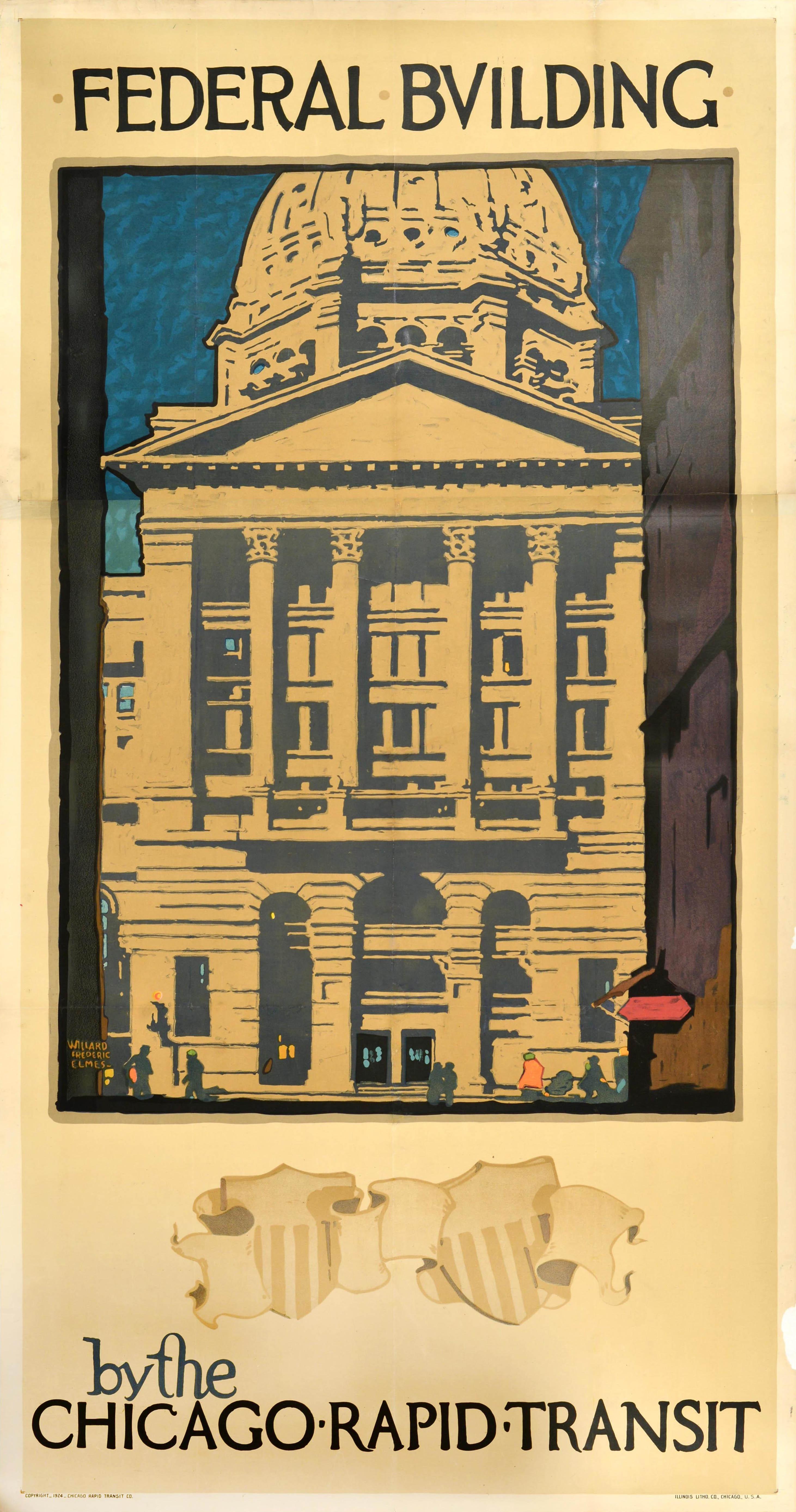 Willard Frederick Elmes Print - Original Vintage Travel Poster Federal Building Chicago Rapid Transit Illinois