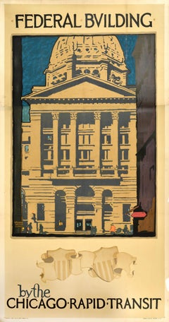 Original Vintage Travel Poster Federal Building Chicago Rapid Transit Illinois