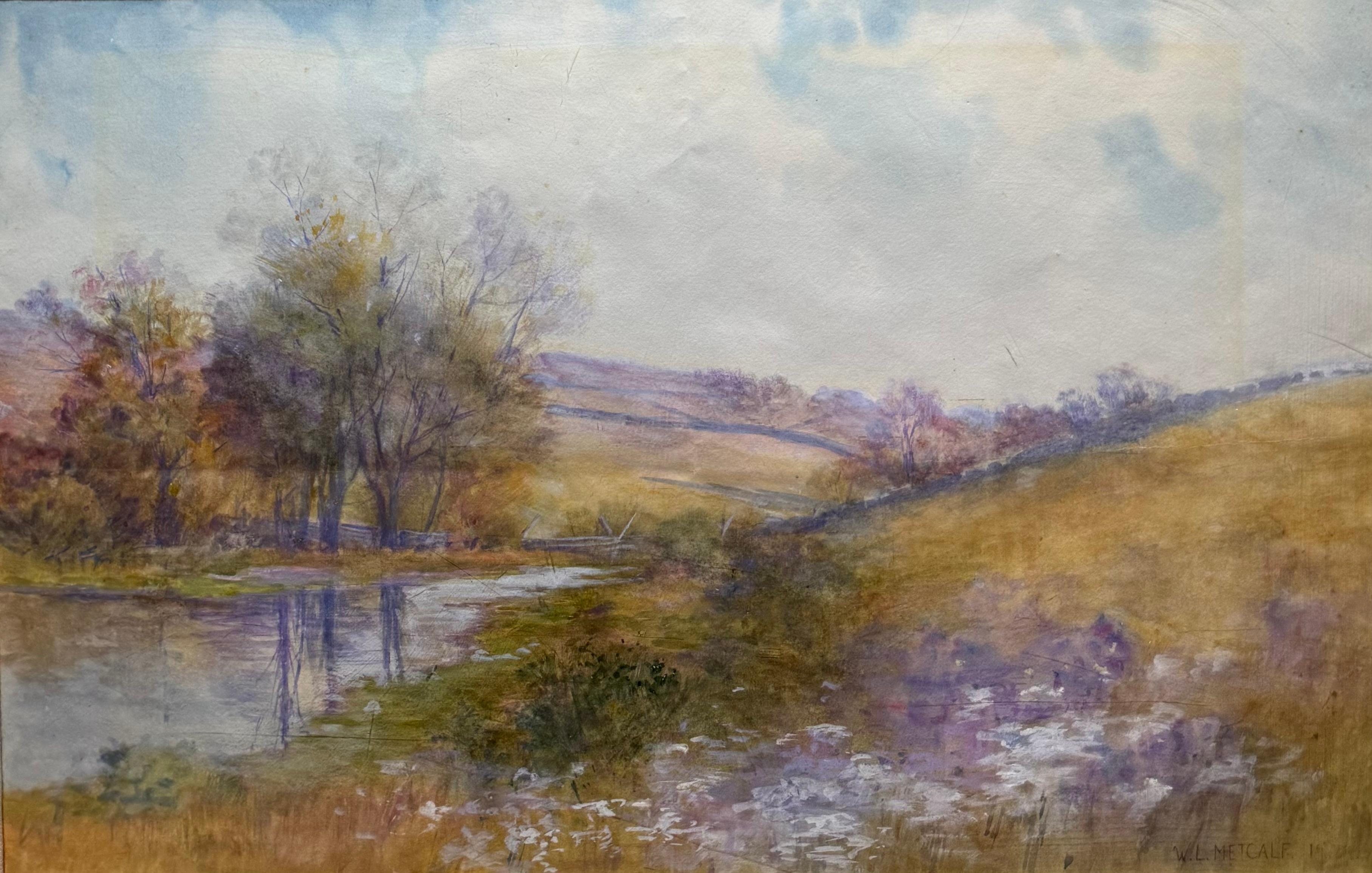 METCALF American Impressionist Landscape Watercolor - Brown Landscape Painting by Willard LeRoy Metcalf