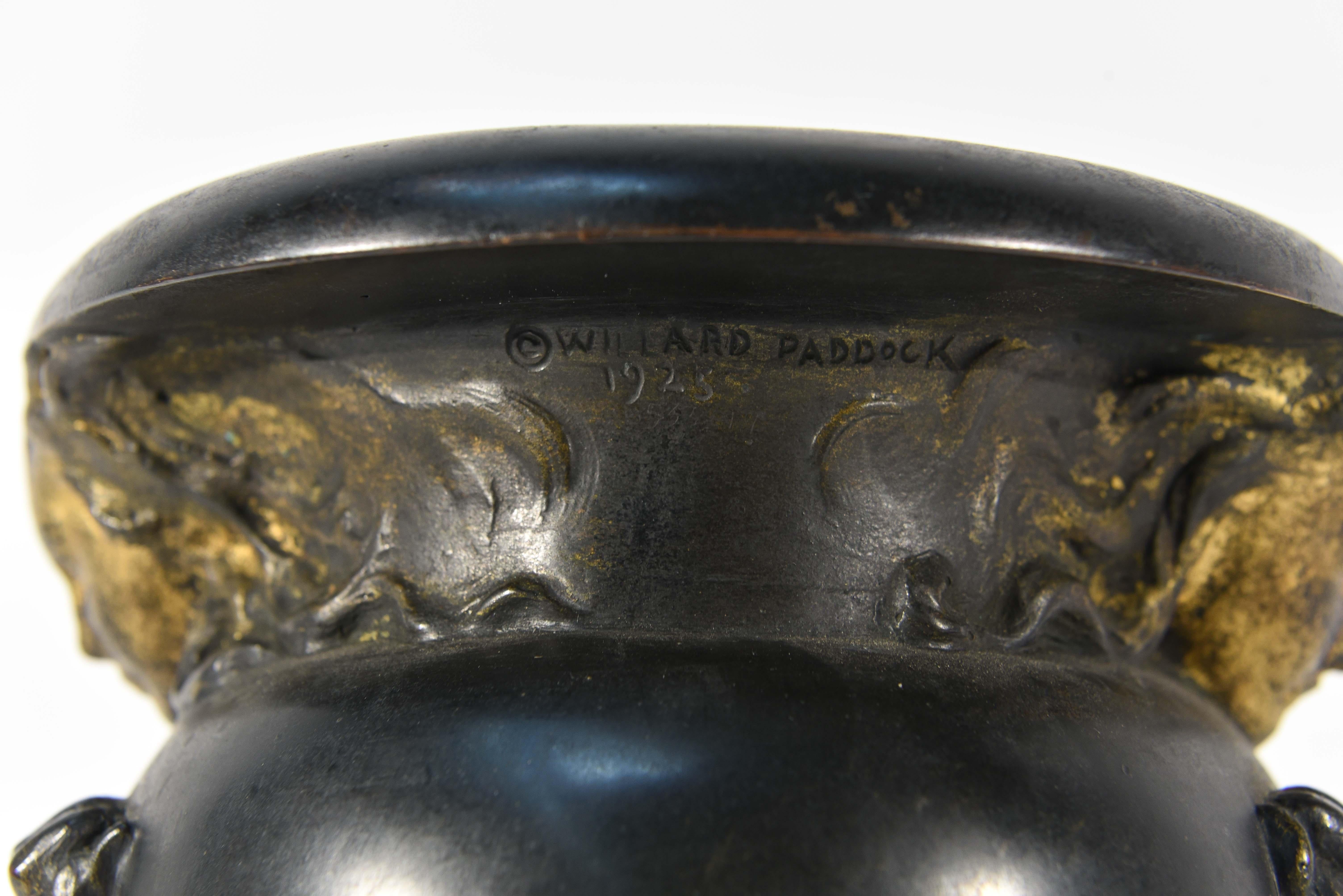 Art Nouveau maidens in gold wash faces holding garlands on the side. Bronze vase with insert signed under the rim, Willard Paddock, 1925.