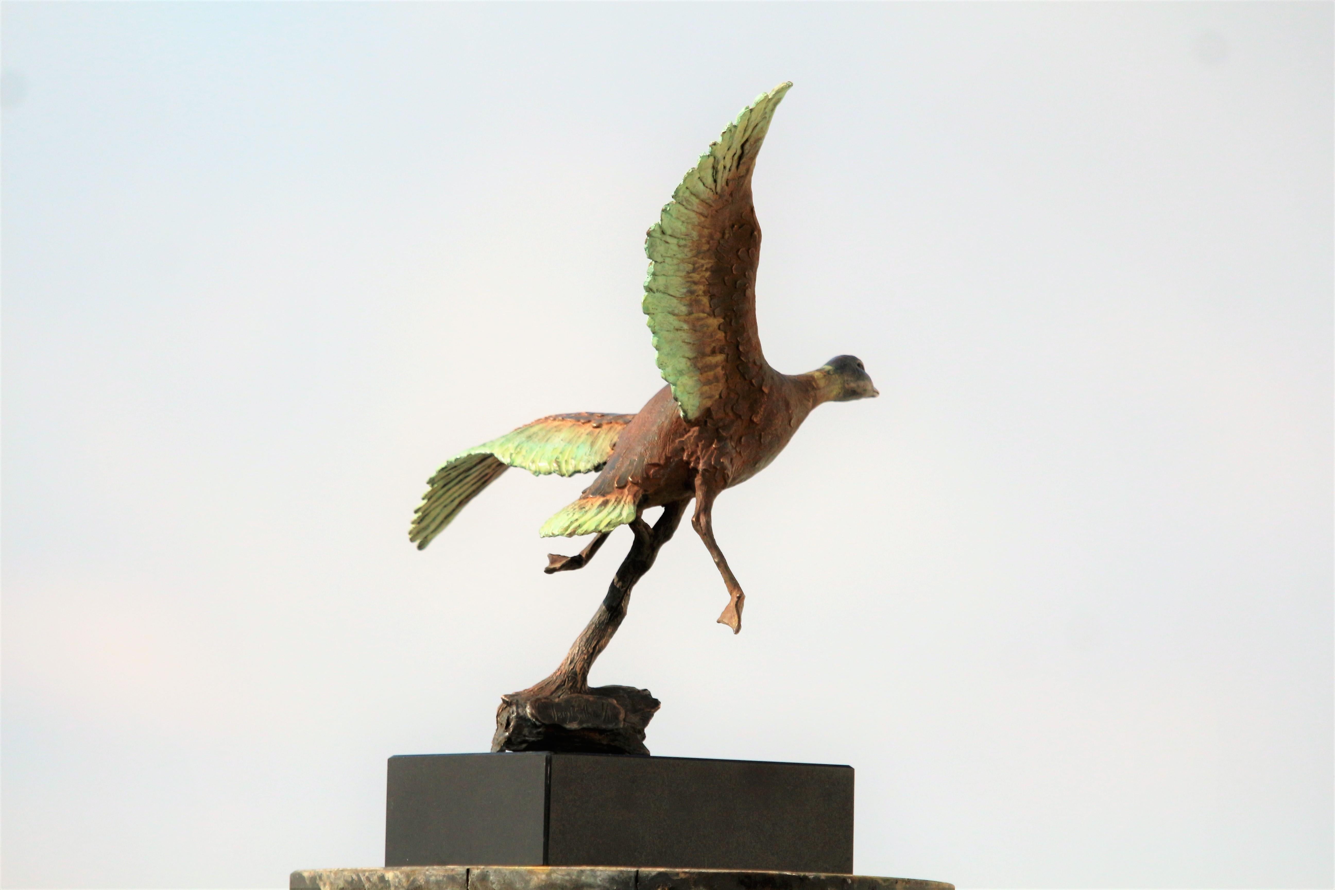 Flying Duck - Small Figurative Sculpture Bronze Brown Green Dash Black Patina For Sale 4
