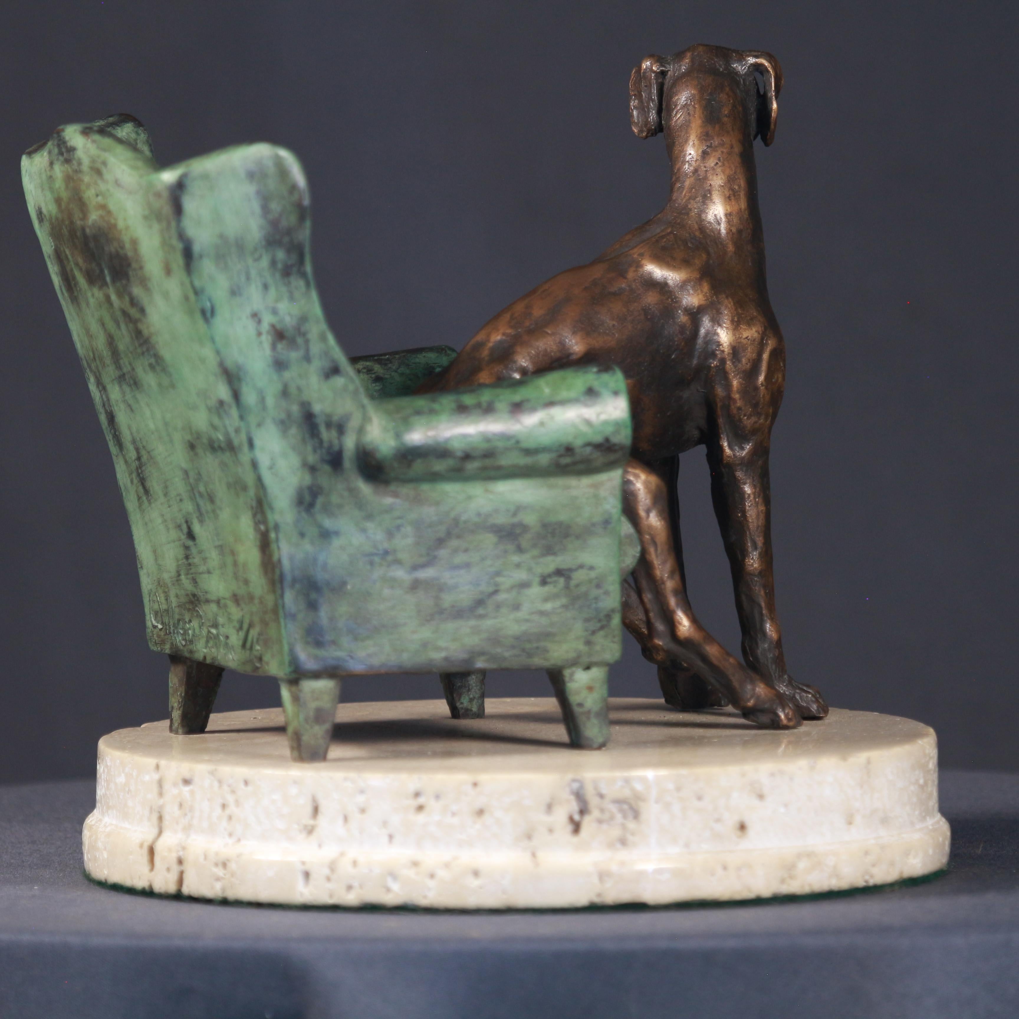 Rex and his Chair- Small Sculpture Bronze Colors Brown Green Dash Black Patina - Gold Figurative Sculpture by Willem Botha 