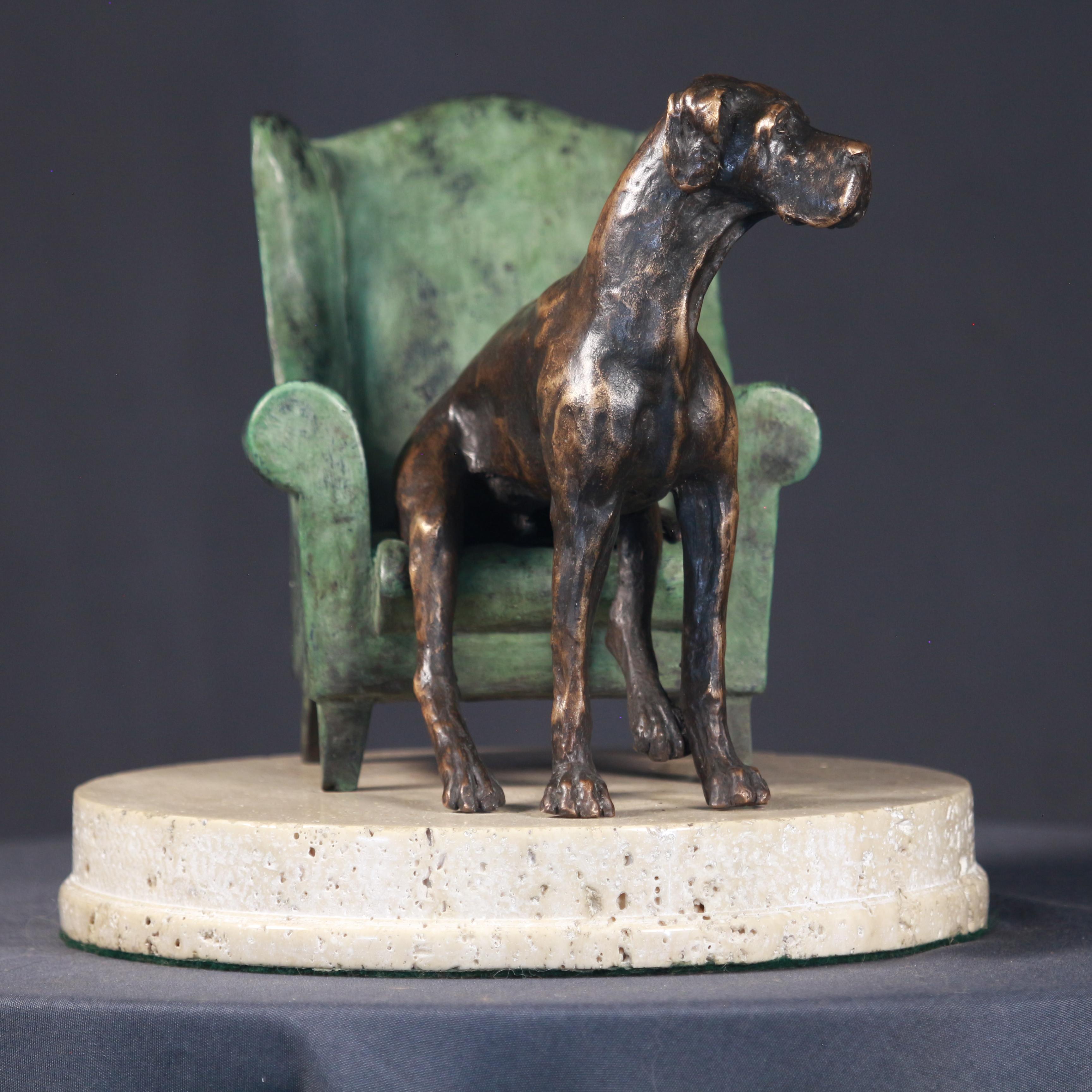 Willem Botha  Figurative Sculpture - Rex and his Chair- Small Sculpture Bronze Colors Brown Green Dash Black Patina