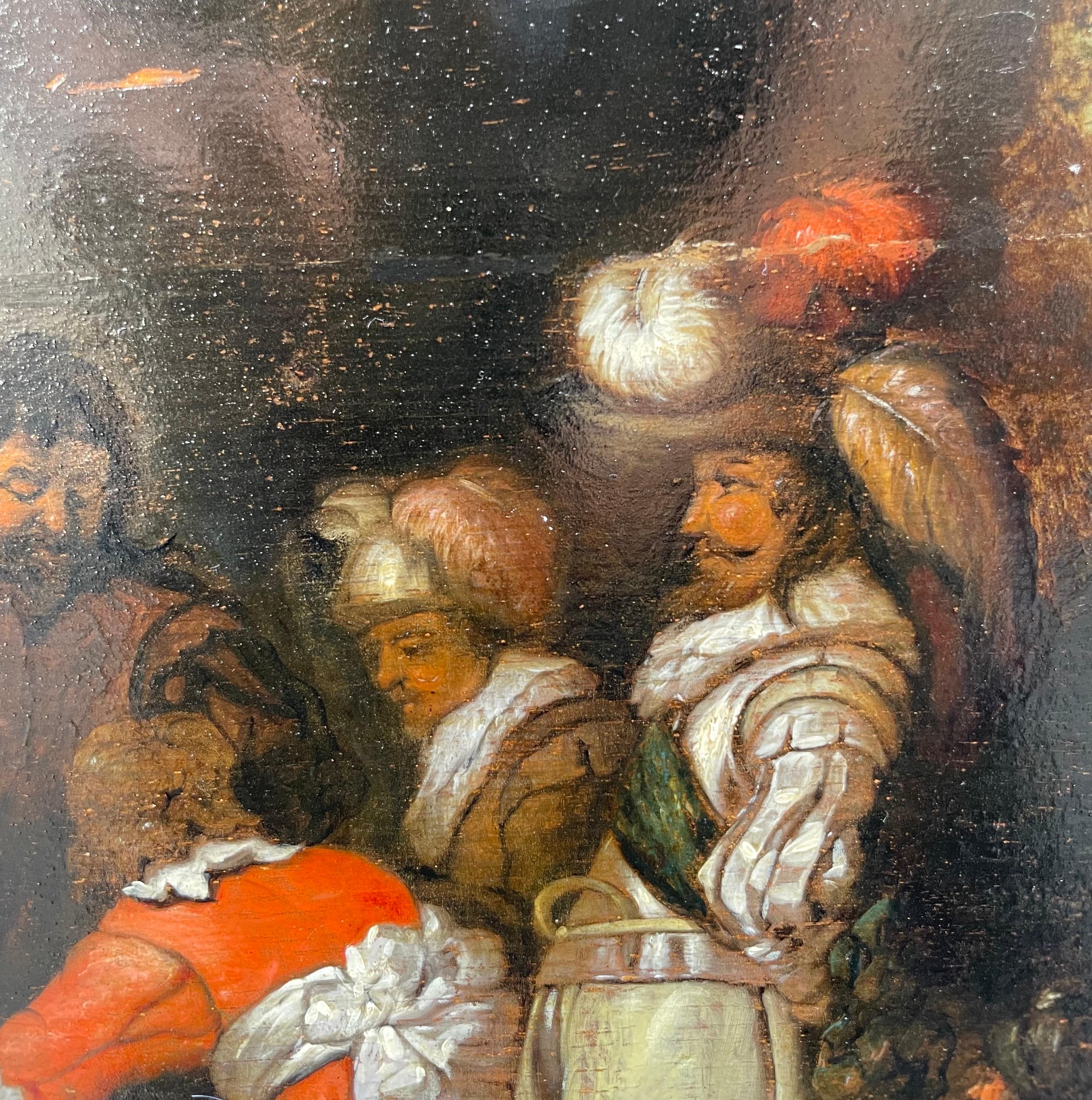 Division of the Spoils in a Military Encampment
Entourage of Willem Cornelisz. Duyster (Amsterdam 1599 – 1635)
Dutch school, late 17th – early 18th century

Oil on oak panel
Dimensions: H 37.5 cm × W 63 cm

Brigands or soldiers? The uniforms suggest