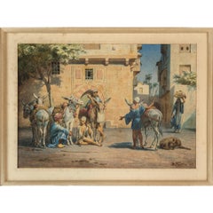 Orientalist Watercolor Painting " Congregating in the Courtyard"