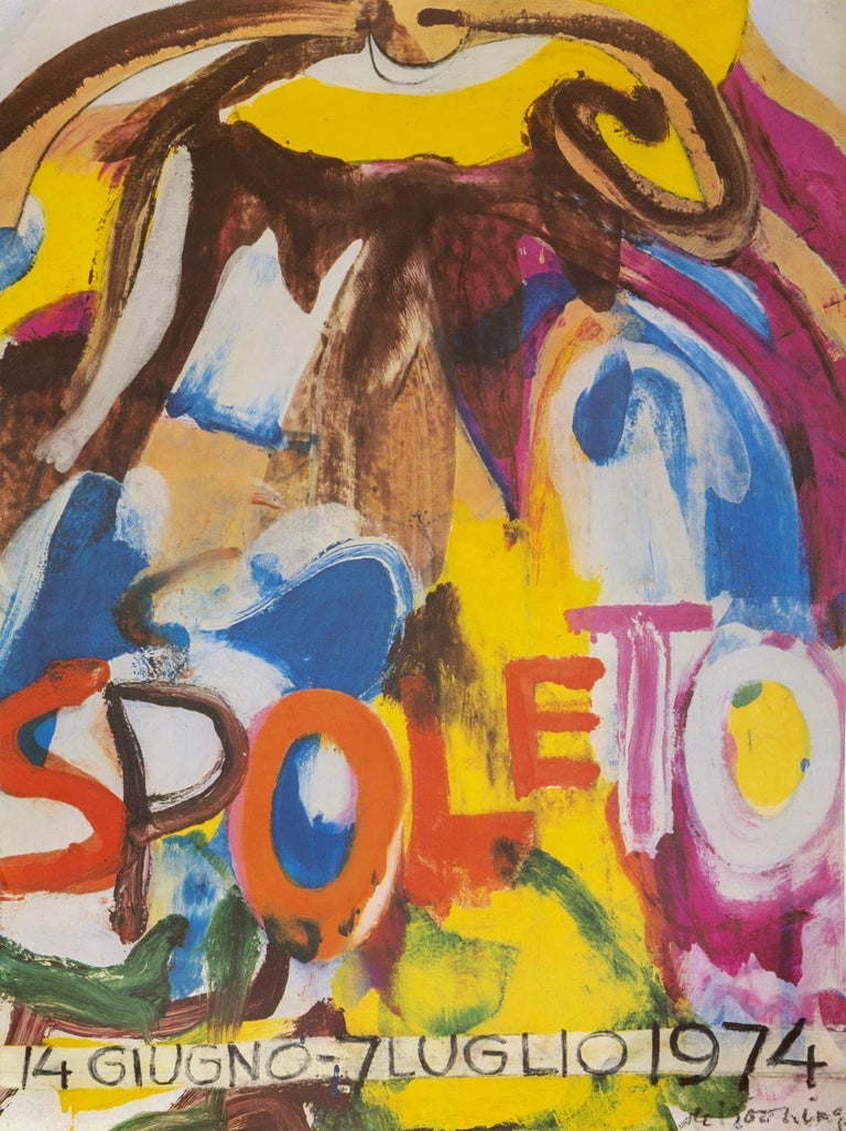 Vivid and colorful offset lithograph by the pioneer of the Abstract Expressionist movement, Willem de Kooning. De Kooning was commissioned by the Spoleto Festival of Music, Theatre, and Art in Spoleto, Italy in 1974 to design a promotional poster in