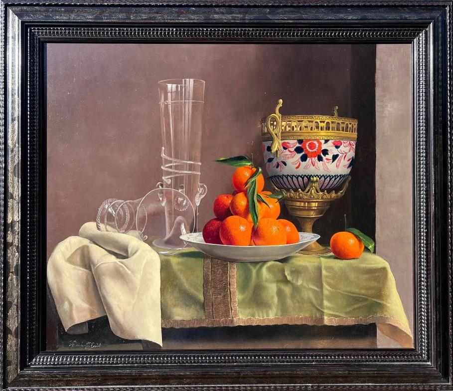 Still Life of Oranges, Glassware and an Ormolu - Painting by Willem Dolphyn