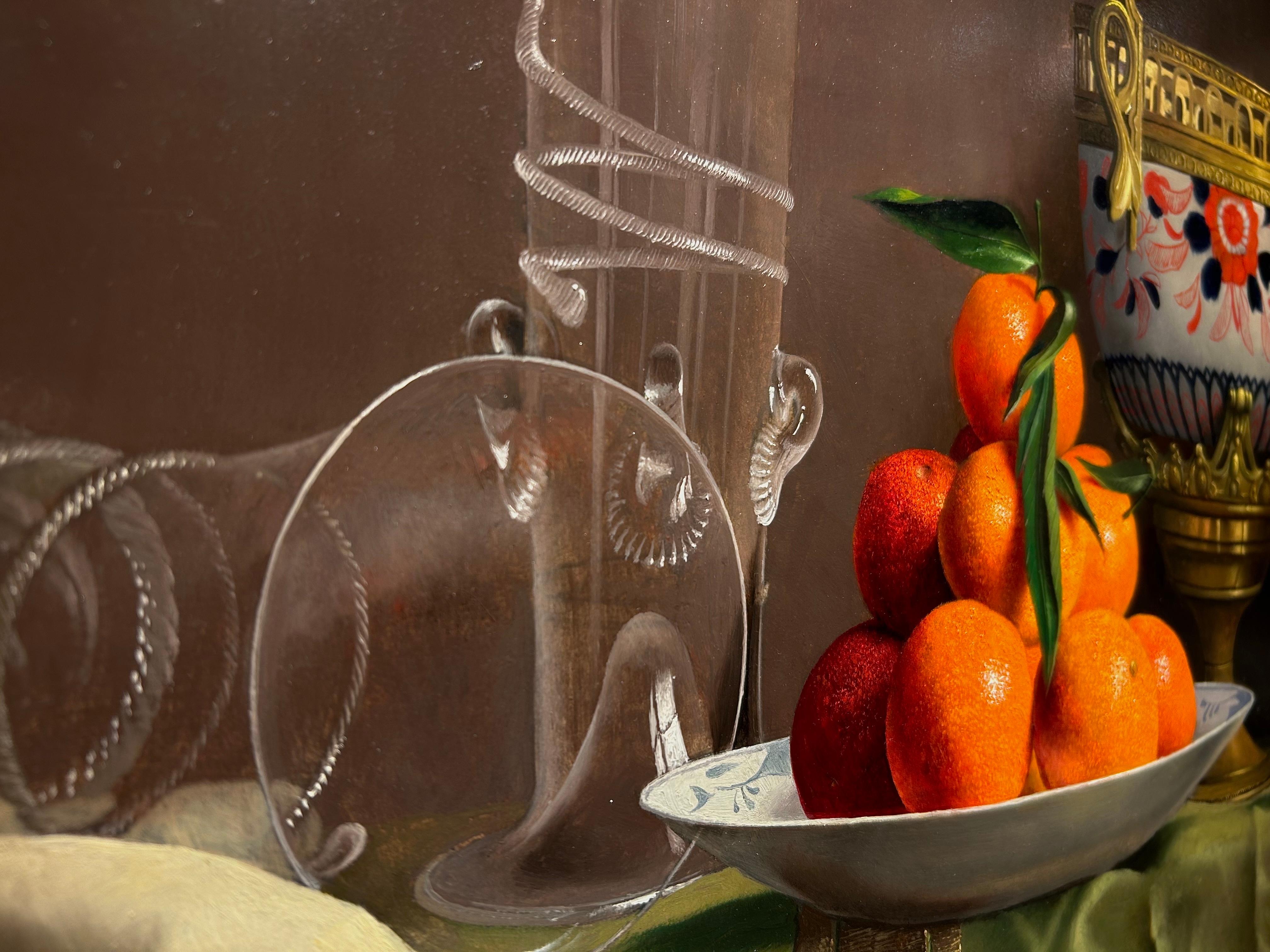 Still Life of Oranges, Glassware and an Ormolu - Brown Still-Life Painting by Willem Dolphyn