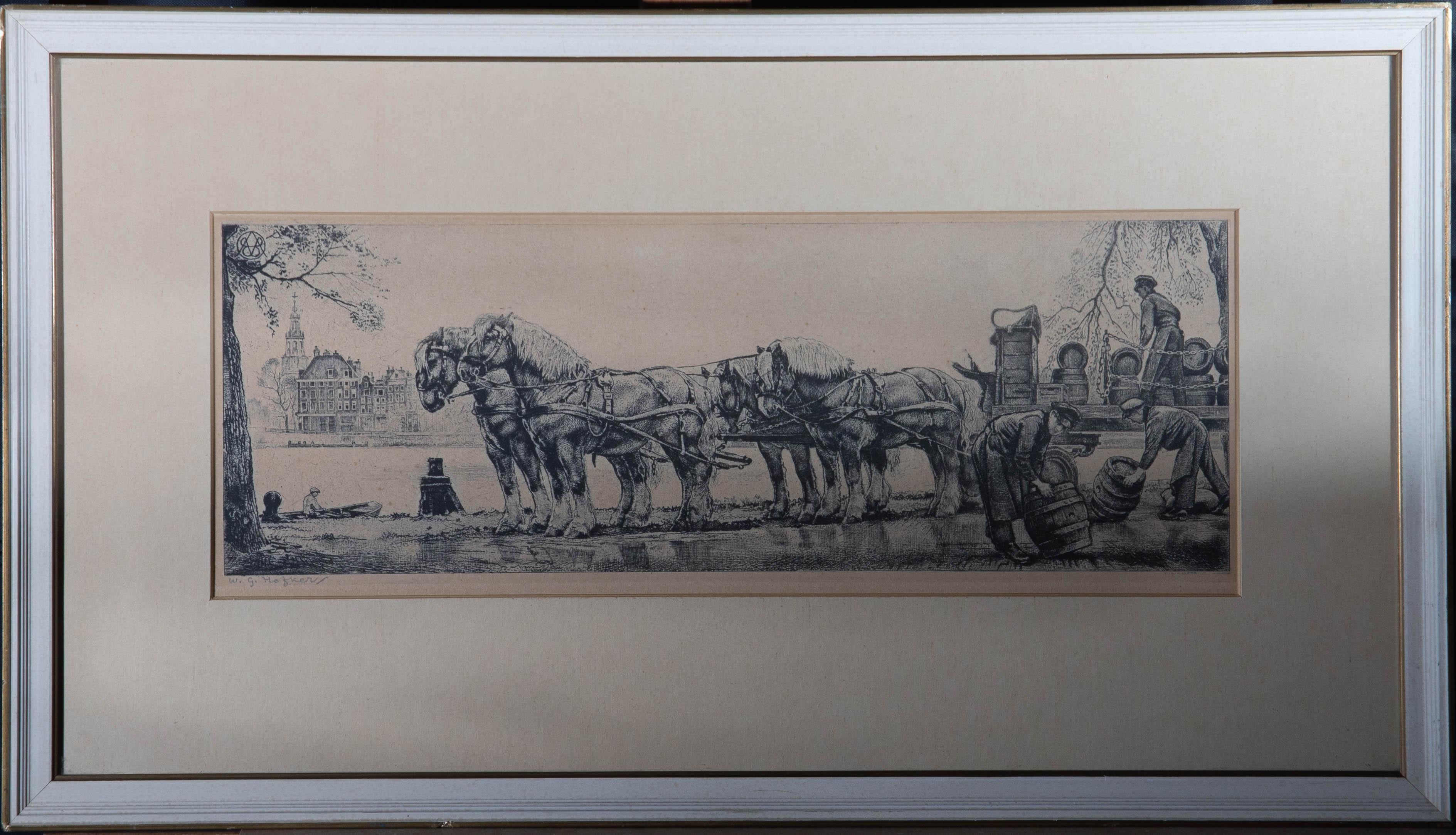 Une fine gravure à la pointe sèche montrant un chariot chargé par trois hommes, avec de grands fûts, tandis que les beaux chevaux shire attendent patiemment. La charrette se trouve au bord de la rivière Amstel à Amsterdam, avec les bâtiments