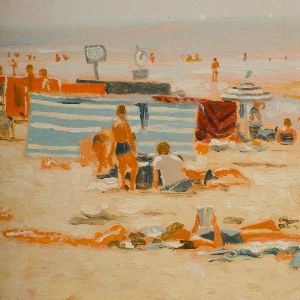 Pastel Beach, vast beach scene with lounging people
 - Oil on Panel , signed lower right
 - Unframed