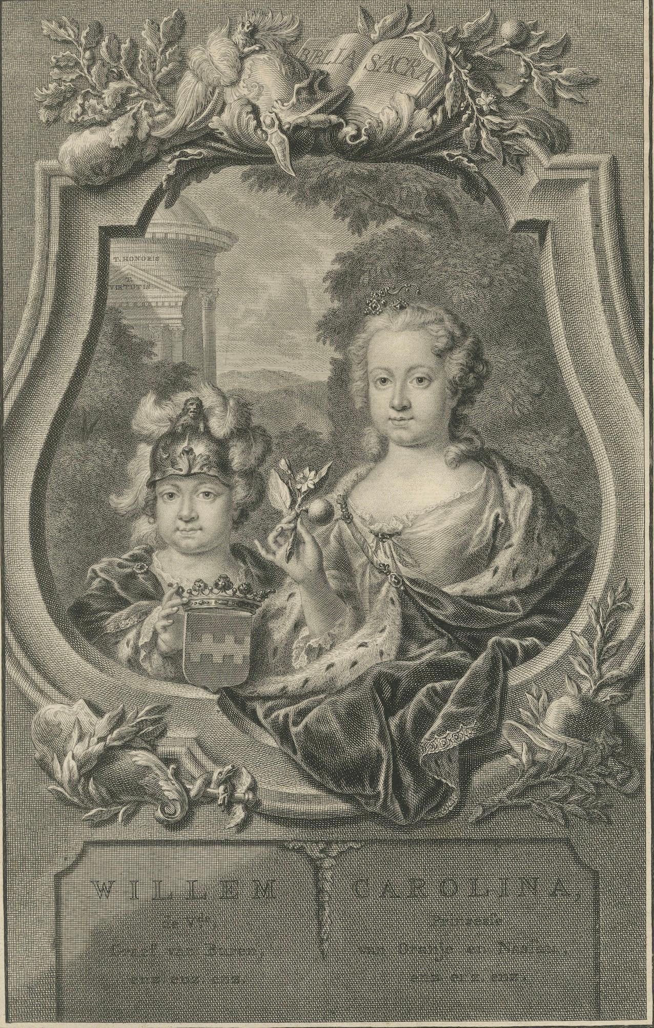 Engraved Willem IV and Princess Carolina – Antique Dutch Engraving c.1730 For Sale