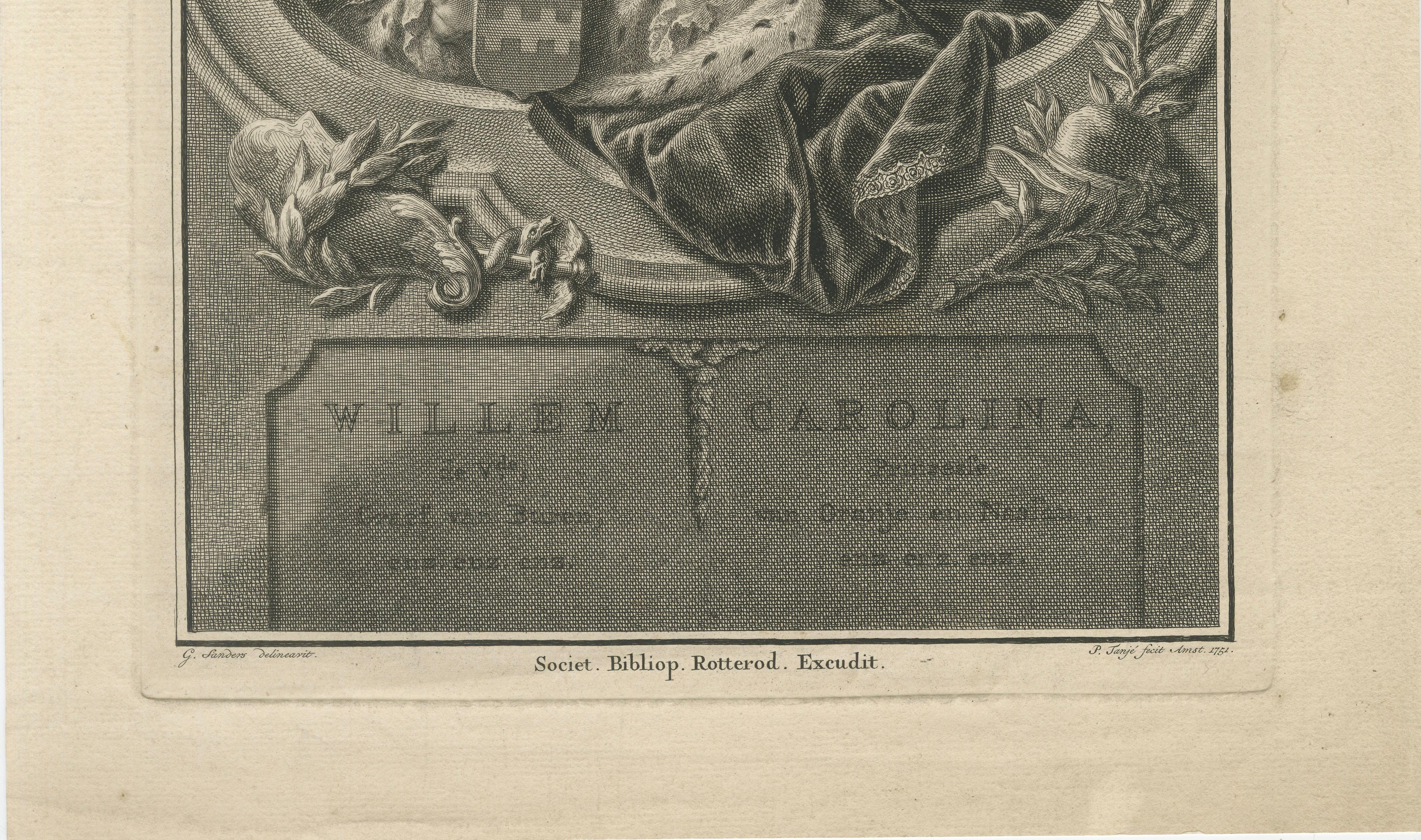 Willem IV and Princess Carolina – Antique Dutch Engraving c.1730 In Good Condition For Sale In Langweer, NL