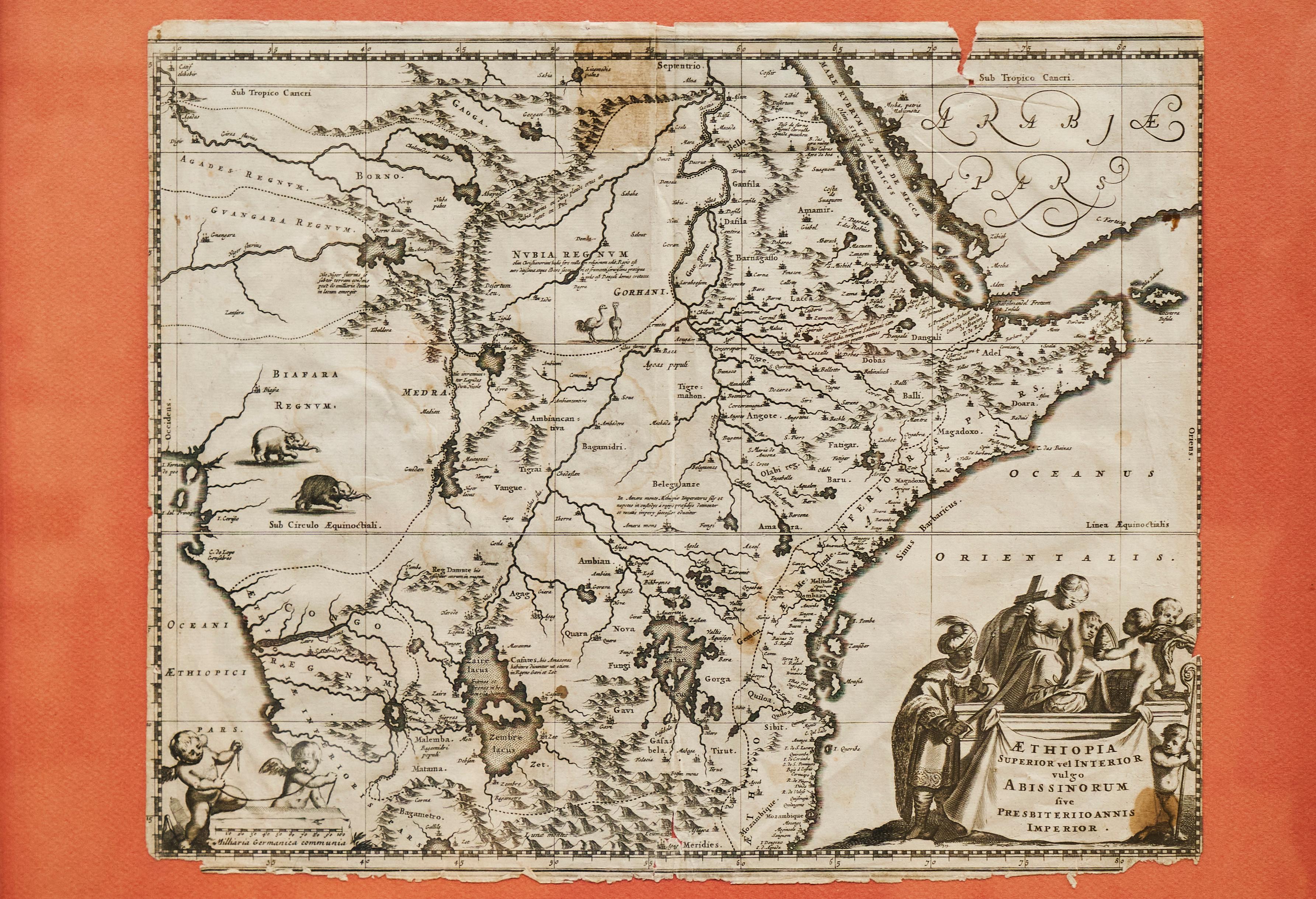 Hand-Crafted Willem Janszoon Blaeu Rare Original 17th Century Map of Ethiopia in a Pine Frame For Sale